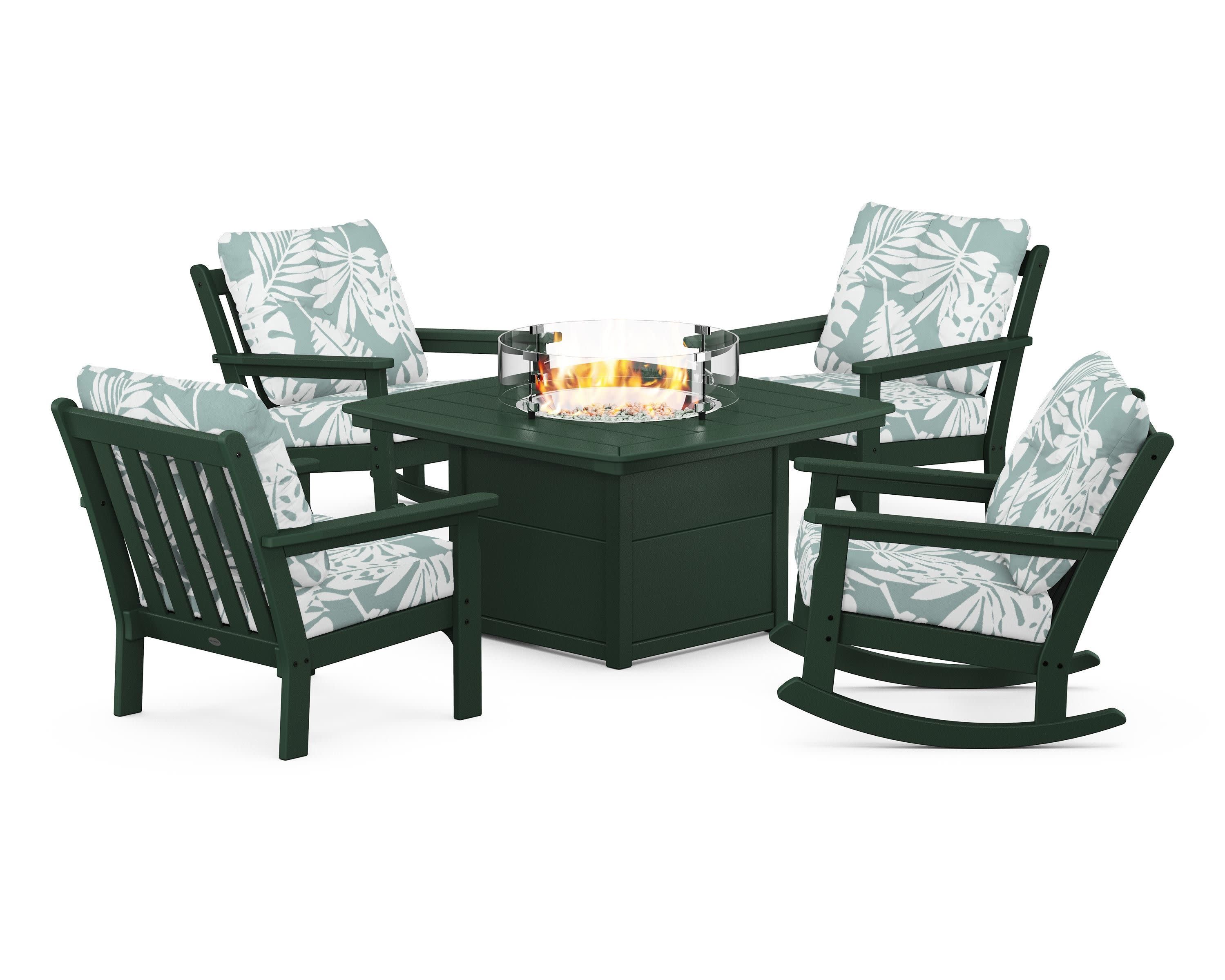 Vineyard 5-Piece Deep Seating Rocking Chair Conversation Set with Fire Pit Table in Green / Leaf Glacier Spa