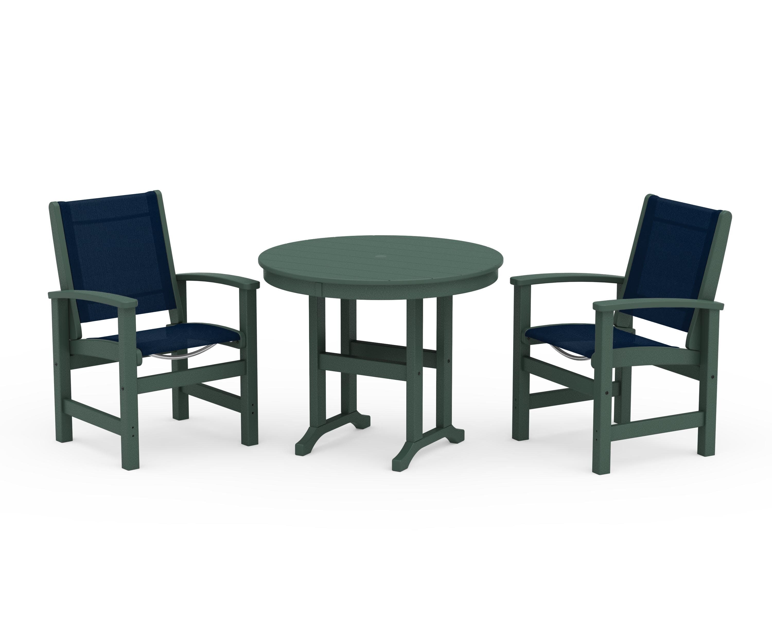 Coastal 3-Piece Round Dining Set in Green / Navy Blue Sling
