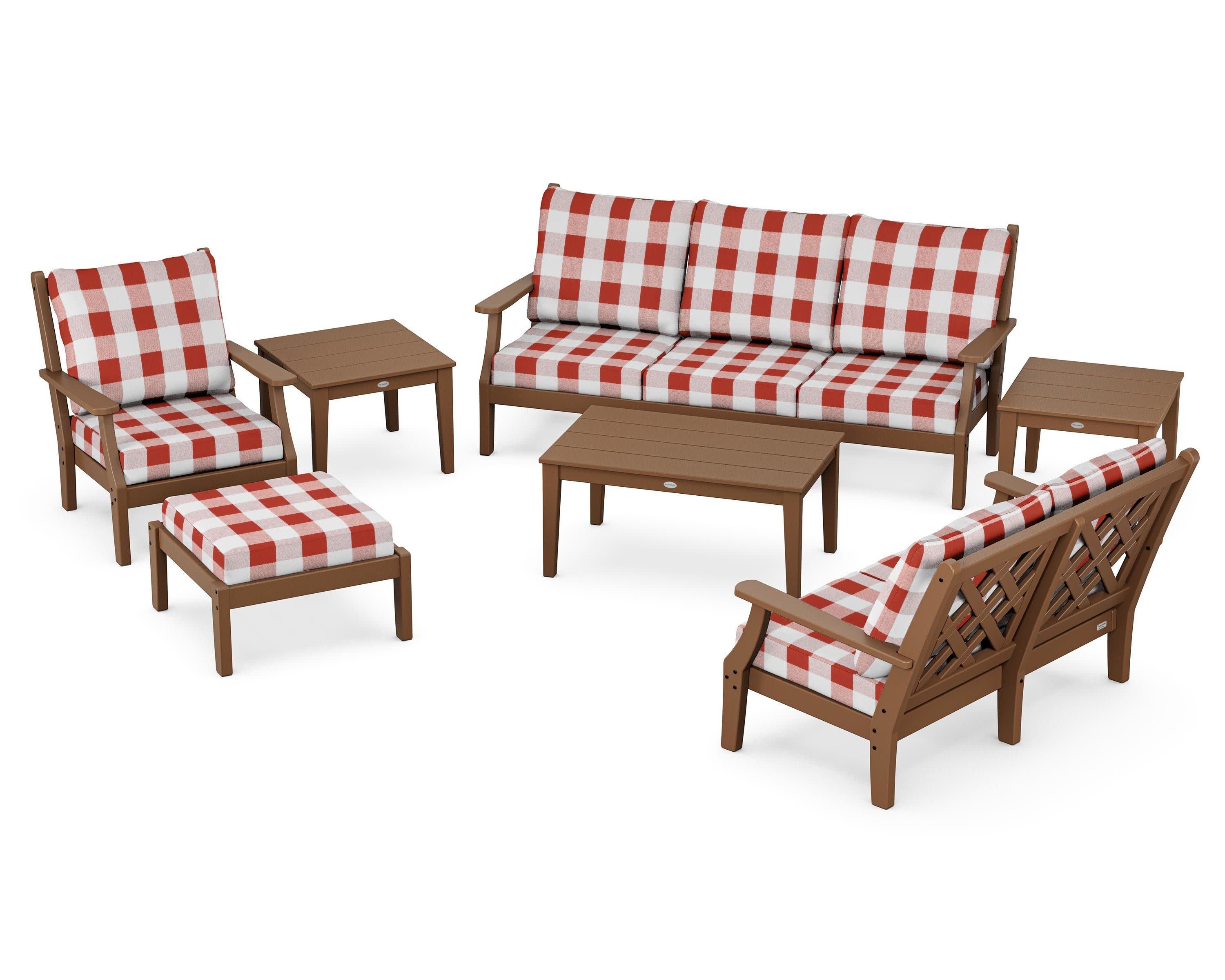 Wovendale 7-Piece Deep Seating Set in Teak / Buffalo Plaid Crimson
