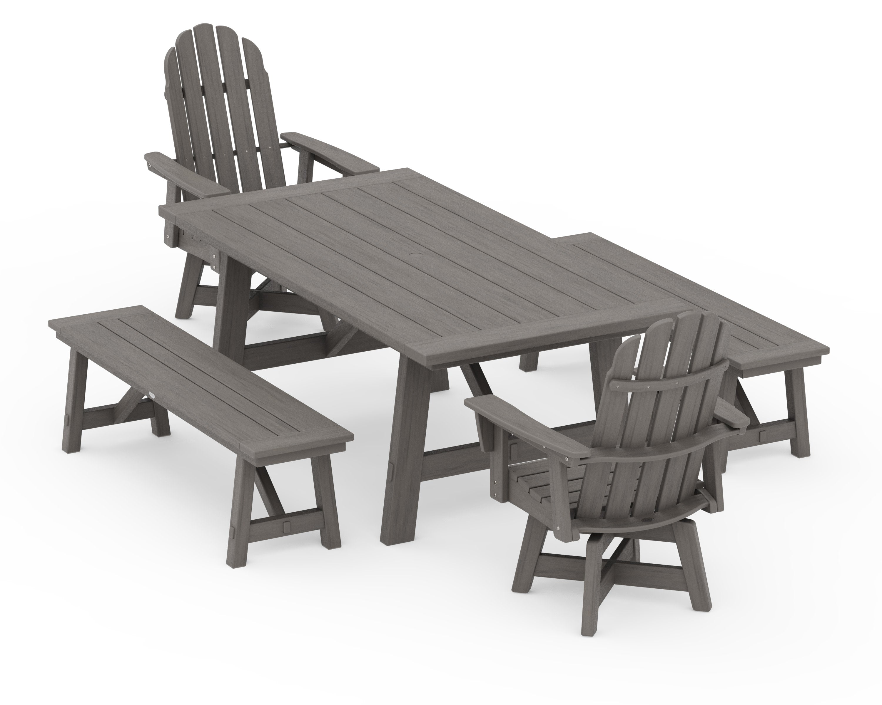 VineyardCurveback Adirondack Swivel Chair 5-Piece Rustic Farmhouse Dining Set With Benches in Driftwood
