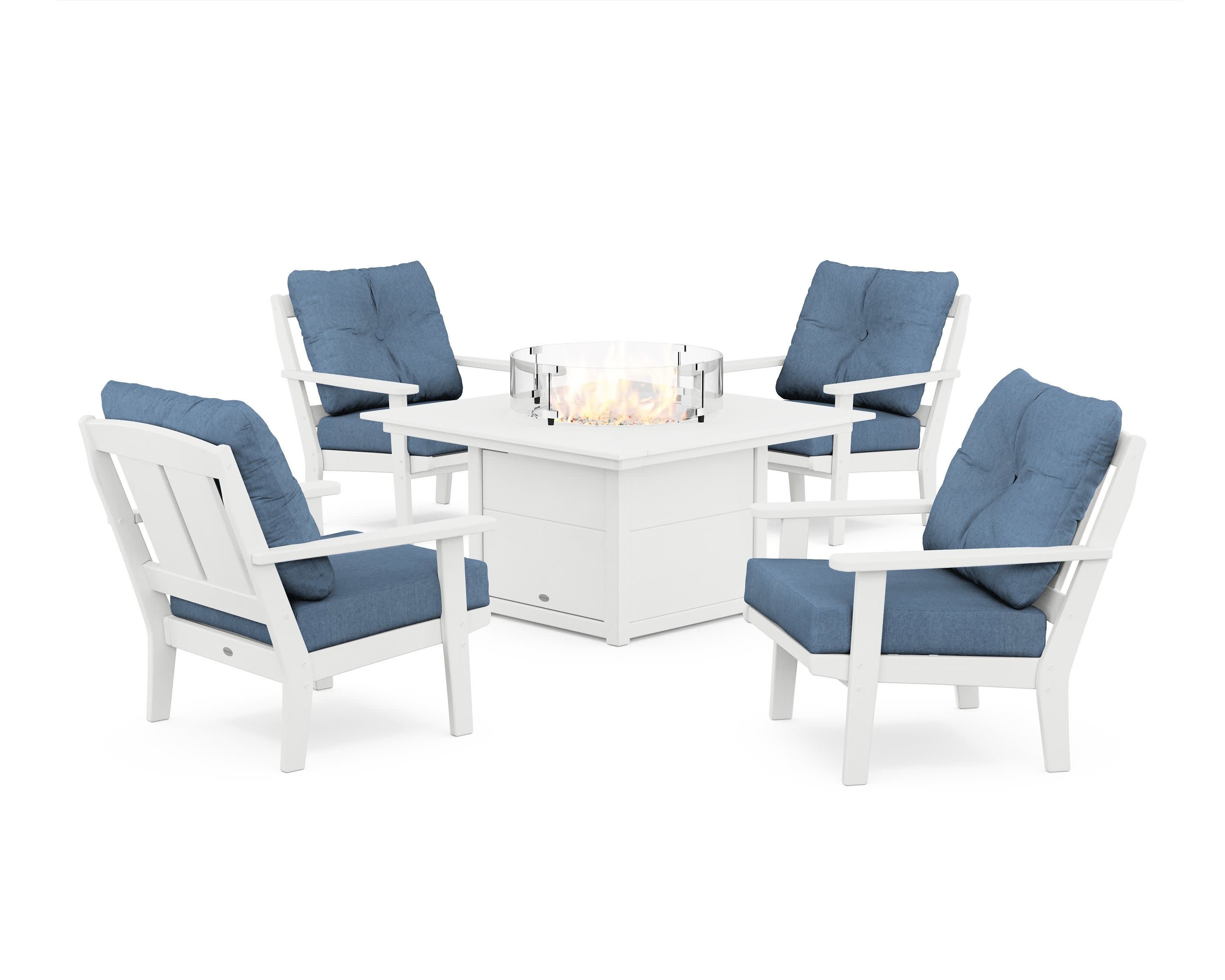 Mission 5-Piece Deep Seating Set with Fire Pit Table in White / Sky Blue