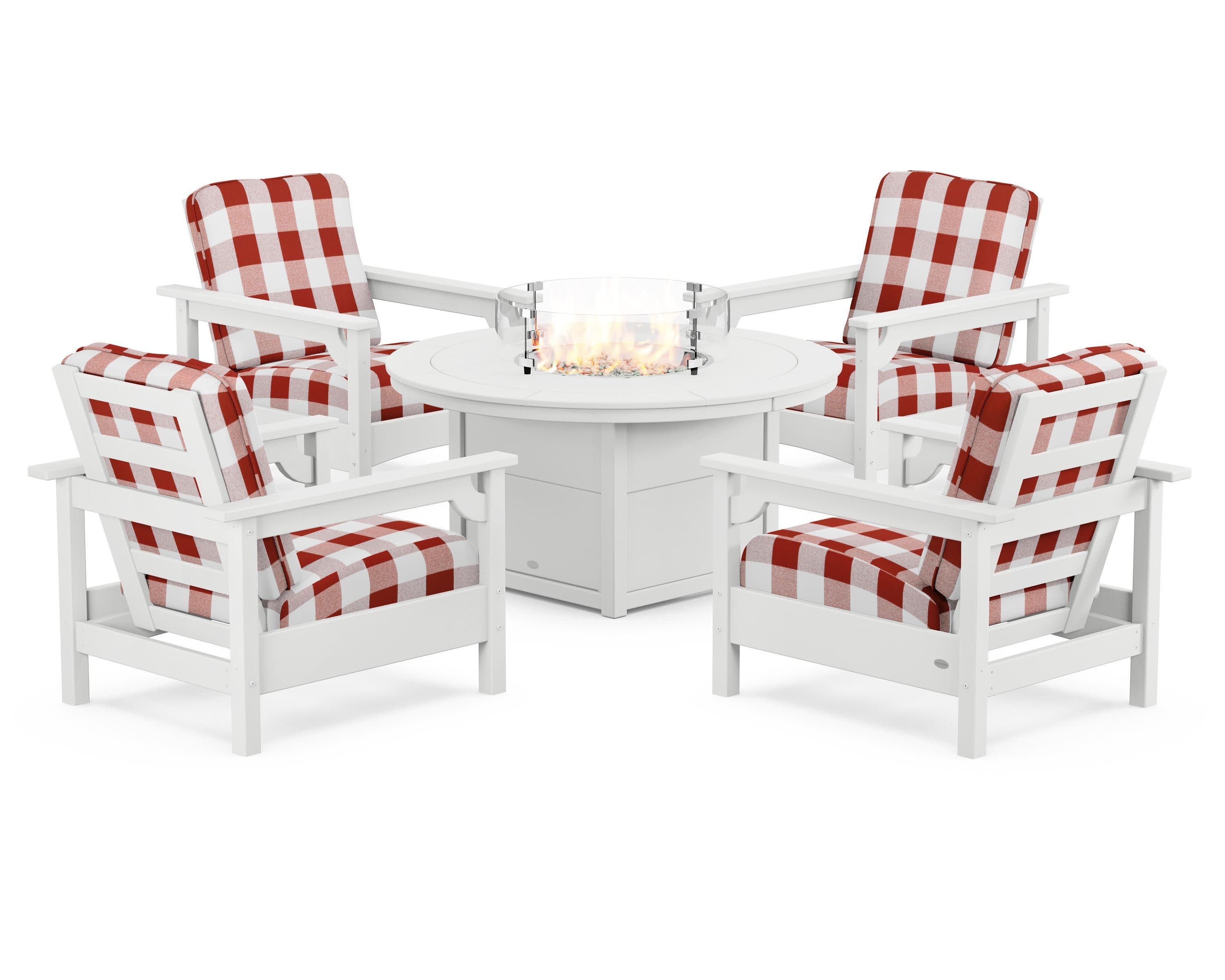 Club 5-Piece Conversation Set with Fire Pit Table in White / Buffalo Plaid Crimson