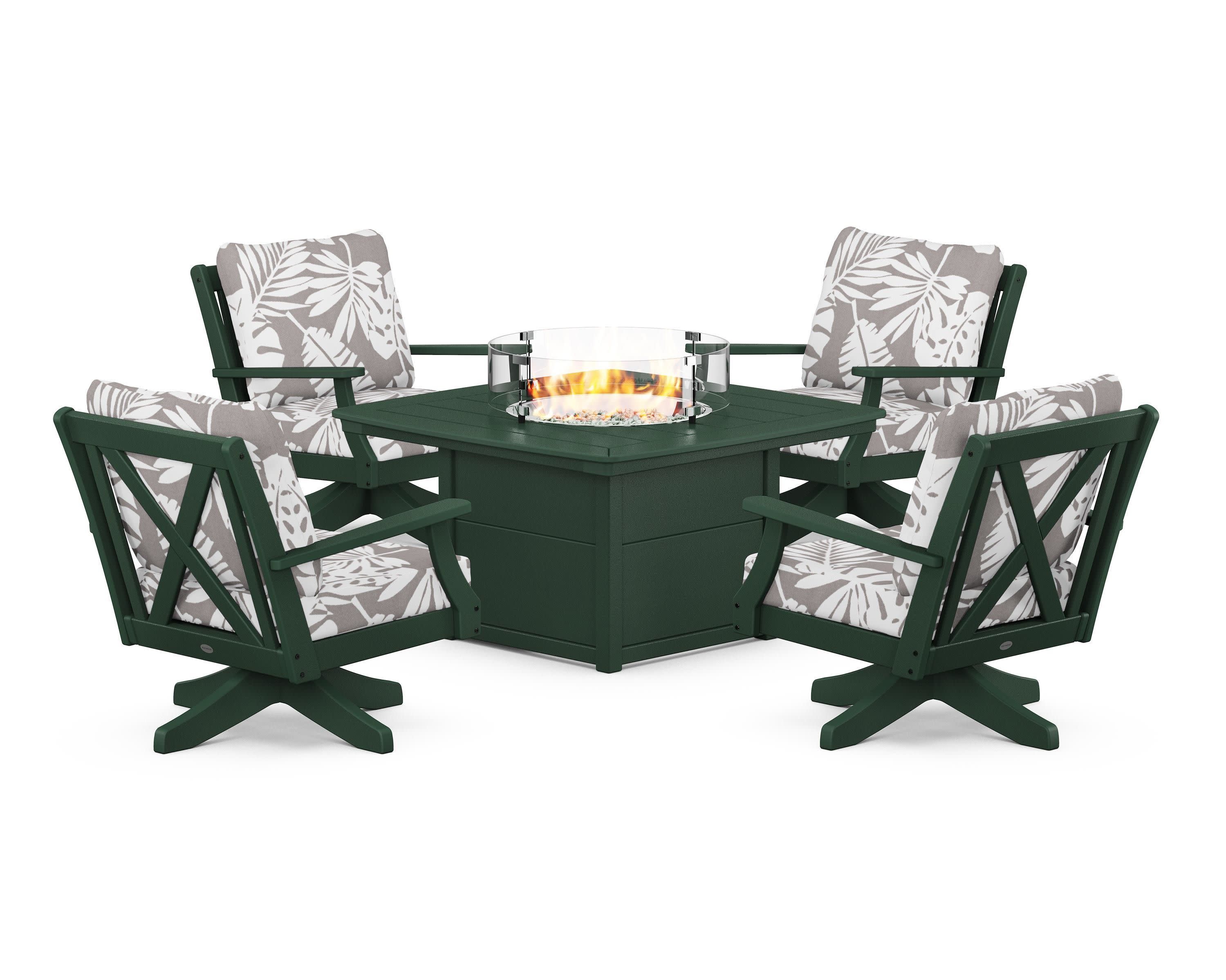 Braxton 5-Piece Deep Seating Swivel Conversation Set with Fire Pit Table in Green / Leaf Grey Mist