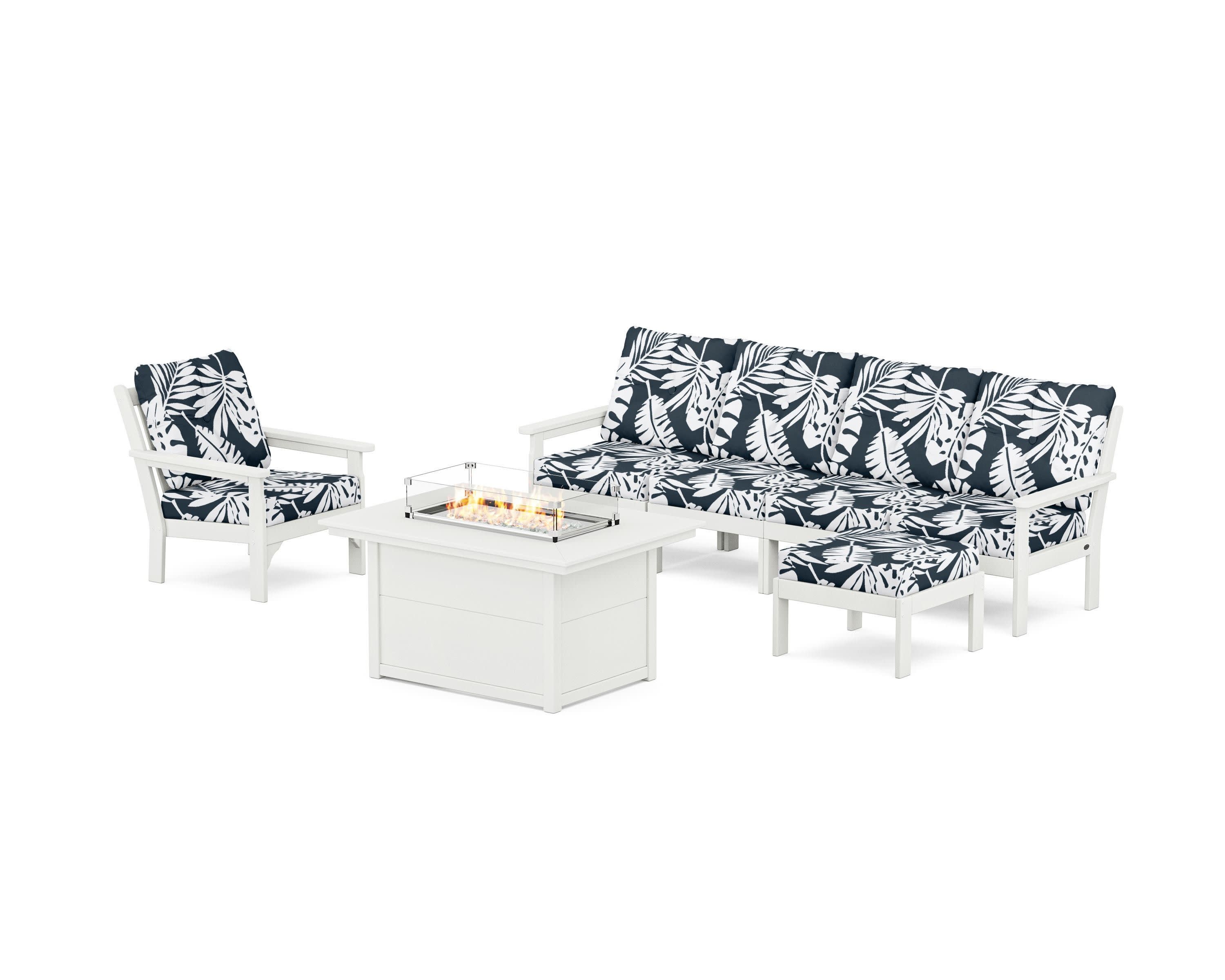 Vineyard Sectional Lounge and Fire Pit Set in Vintage White / Leaf Marine Indigo