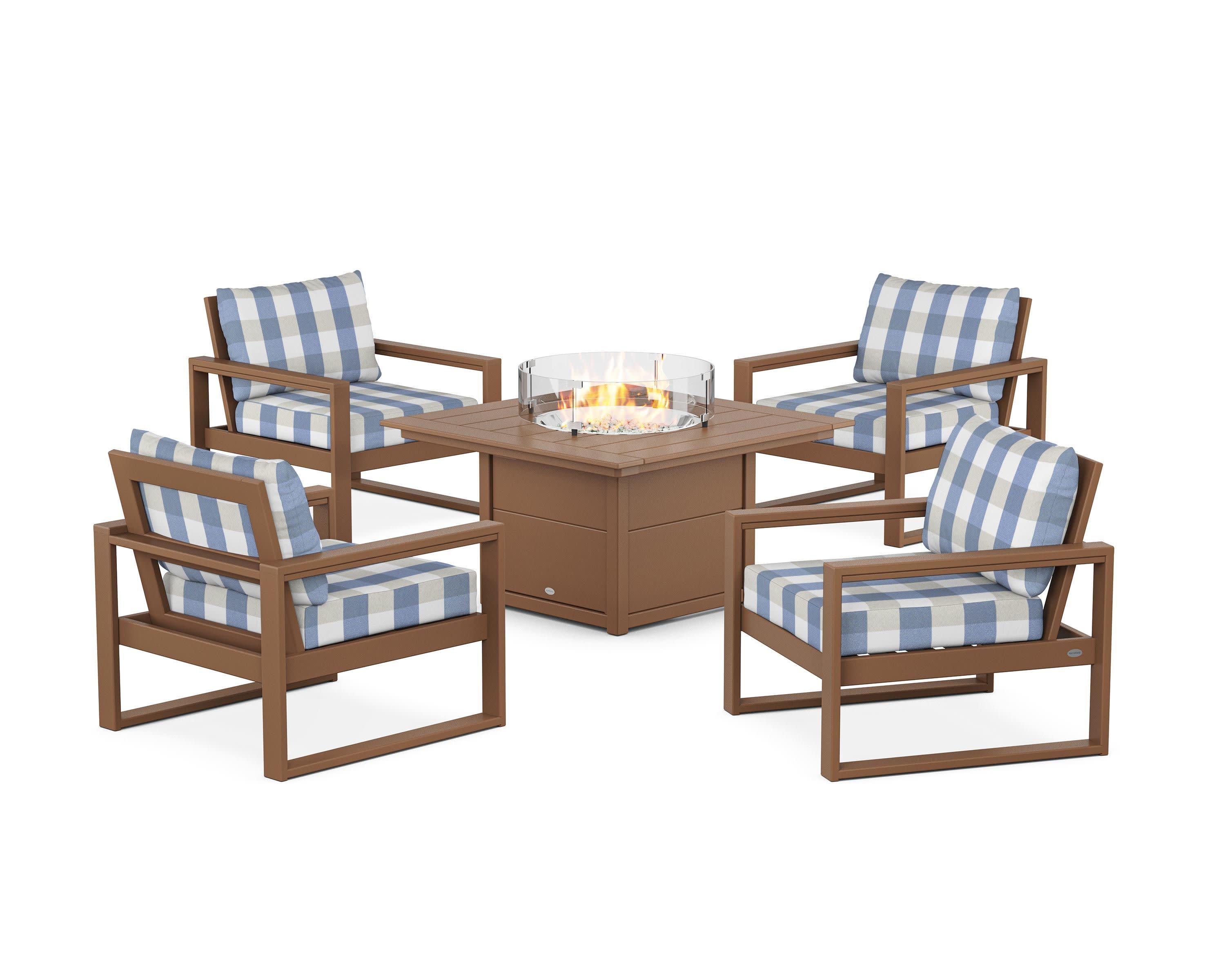 EDGE Sectional 5-Piece Deep Seating Set with Fire Pit Table in Teak / Buffalo Plaid Sky Blue