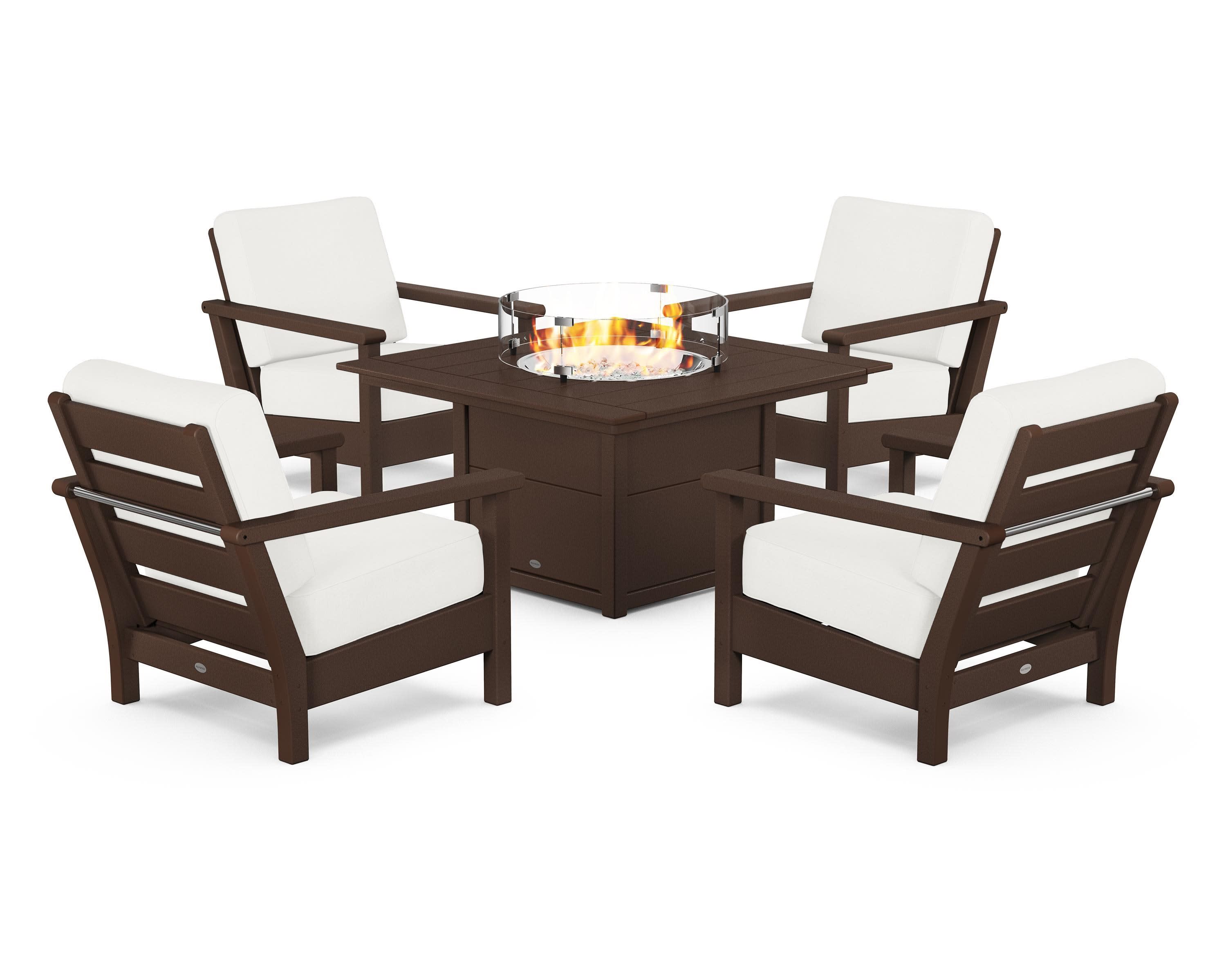 Harbour 5-Piece Conversation Set with Fire Pit Table in Mahogany / Natural Linen
