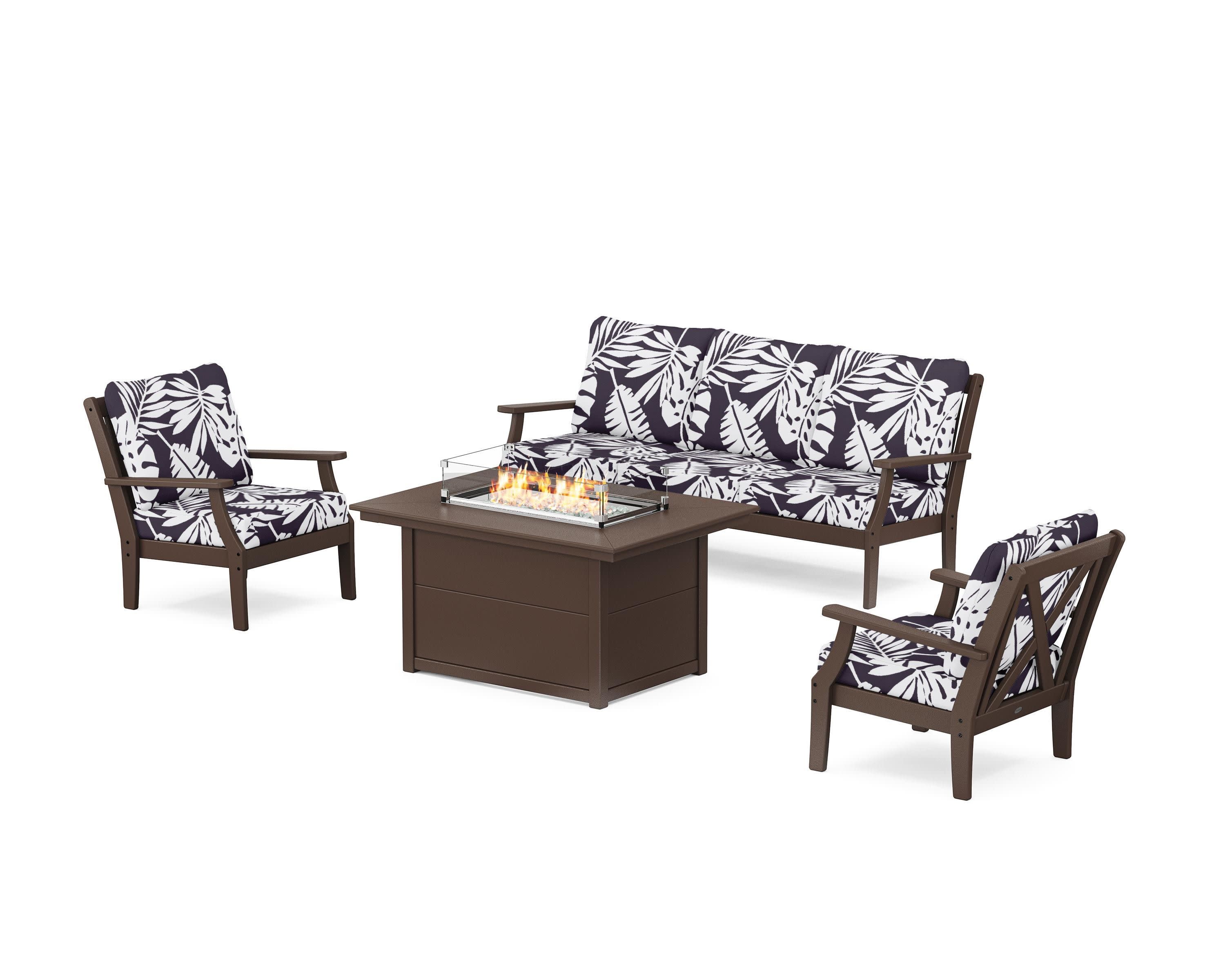 Braxton Deep Seating Fire Pit Table Set in Mahogany / Leaf Navy
