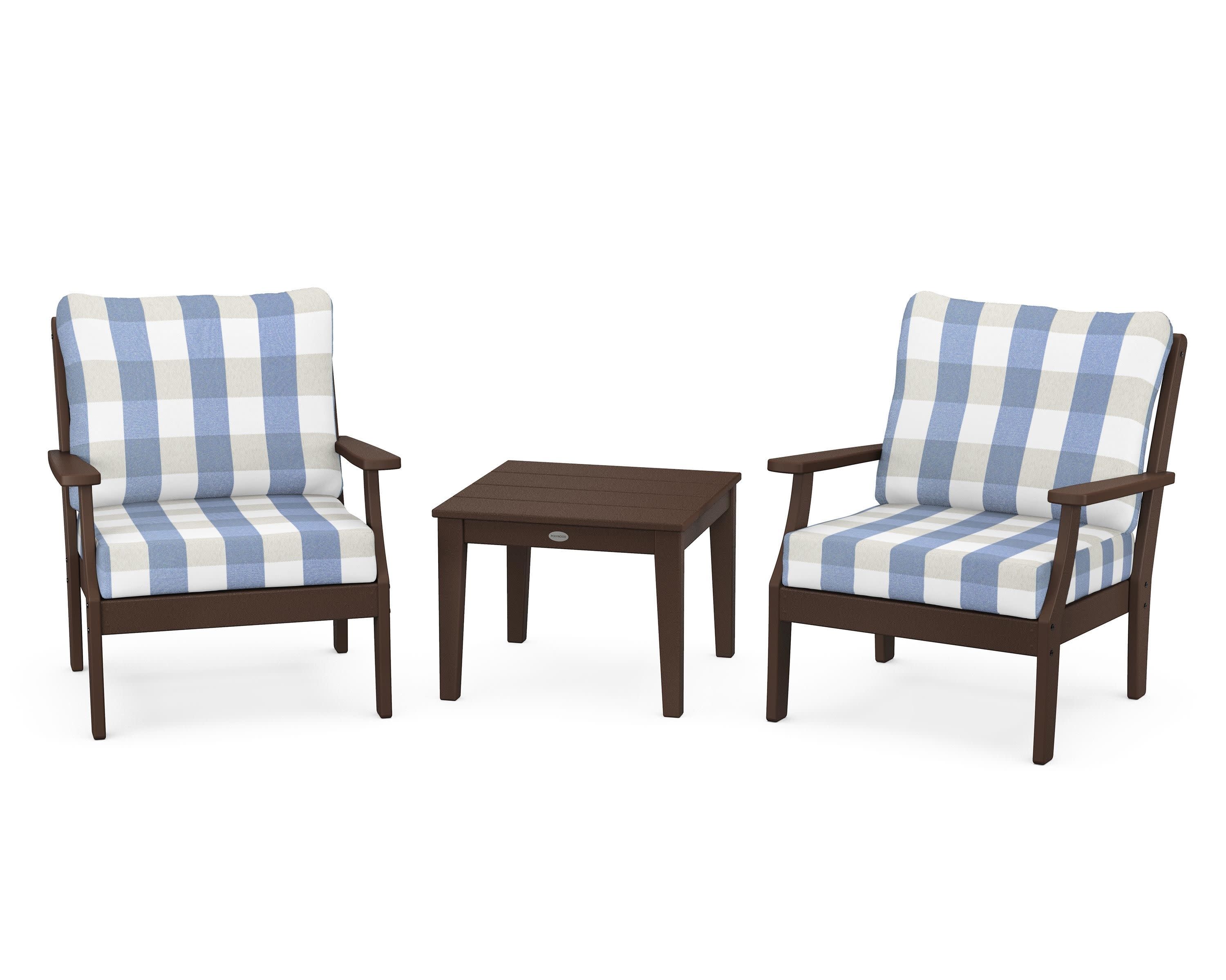 Braxton 3-Piece Deep Seating Set in Mahogany / Buffalo Plaid Sky Blue