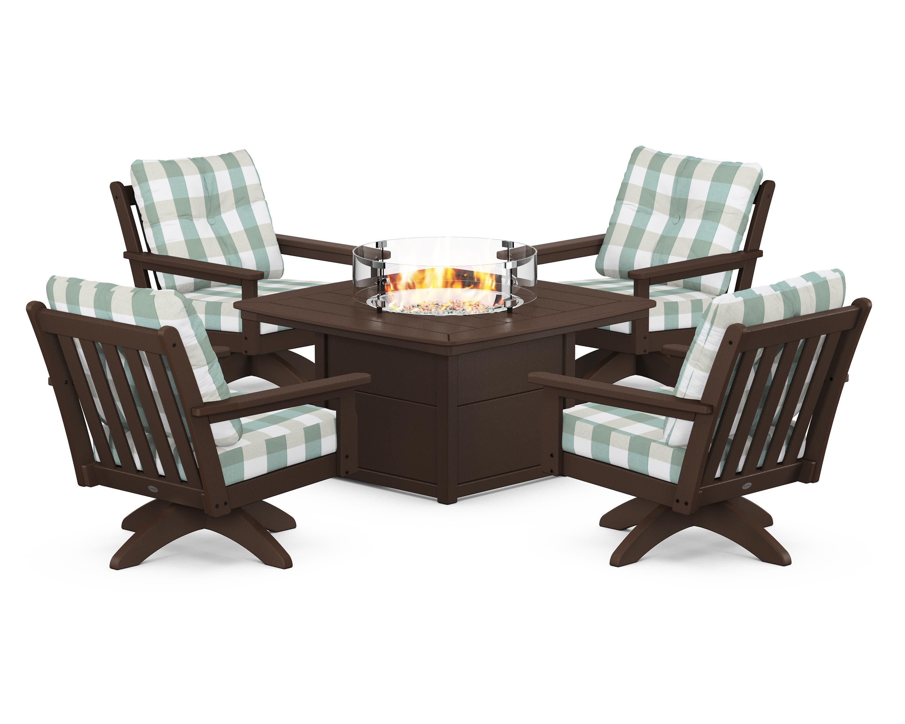 Vineyard 5-Piece Deep Seating Swivel Conversation Set with Fire Pit Table in Mahogany / Buffalo Plaid Glacier Spa