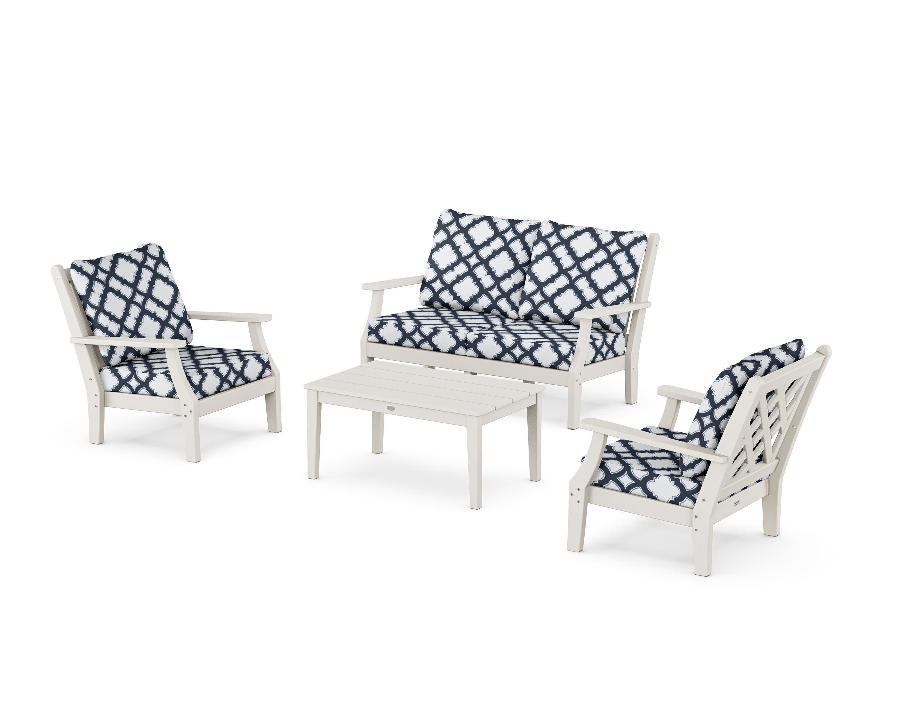 Wovendale 4-Piece Deep Seating Set with Loveseat in Sand / Trellis Marine Indigo