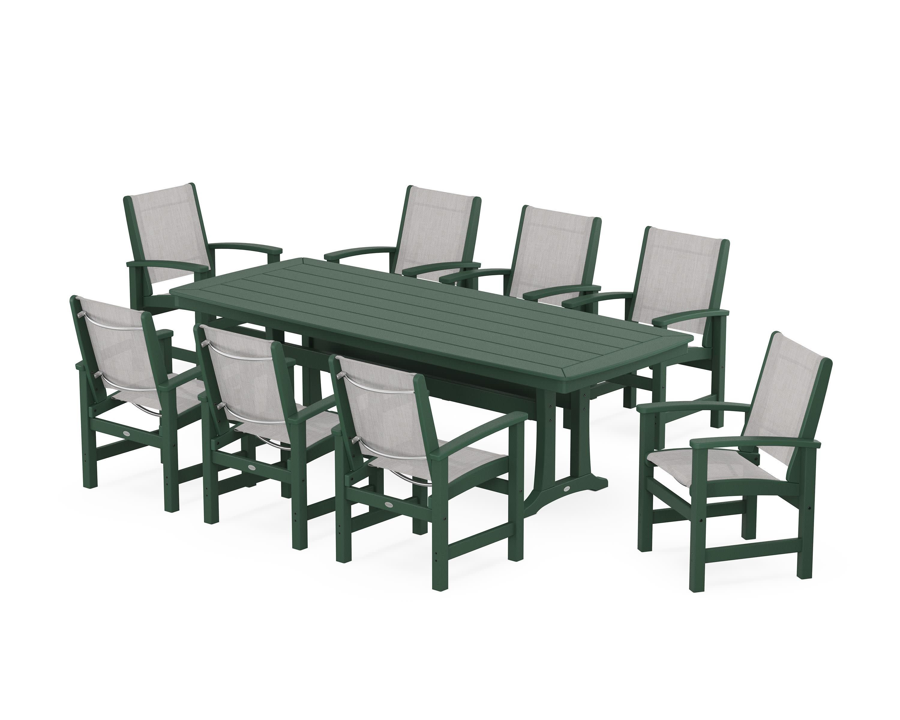 Coastal 9-Piece Dining Set with Trestle Legs in Green / Parchment Sling