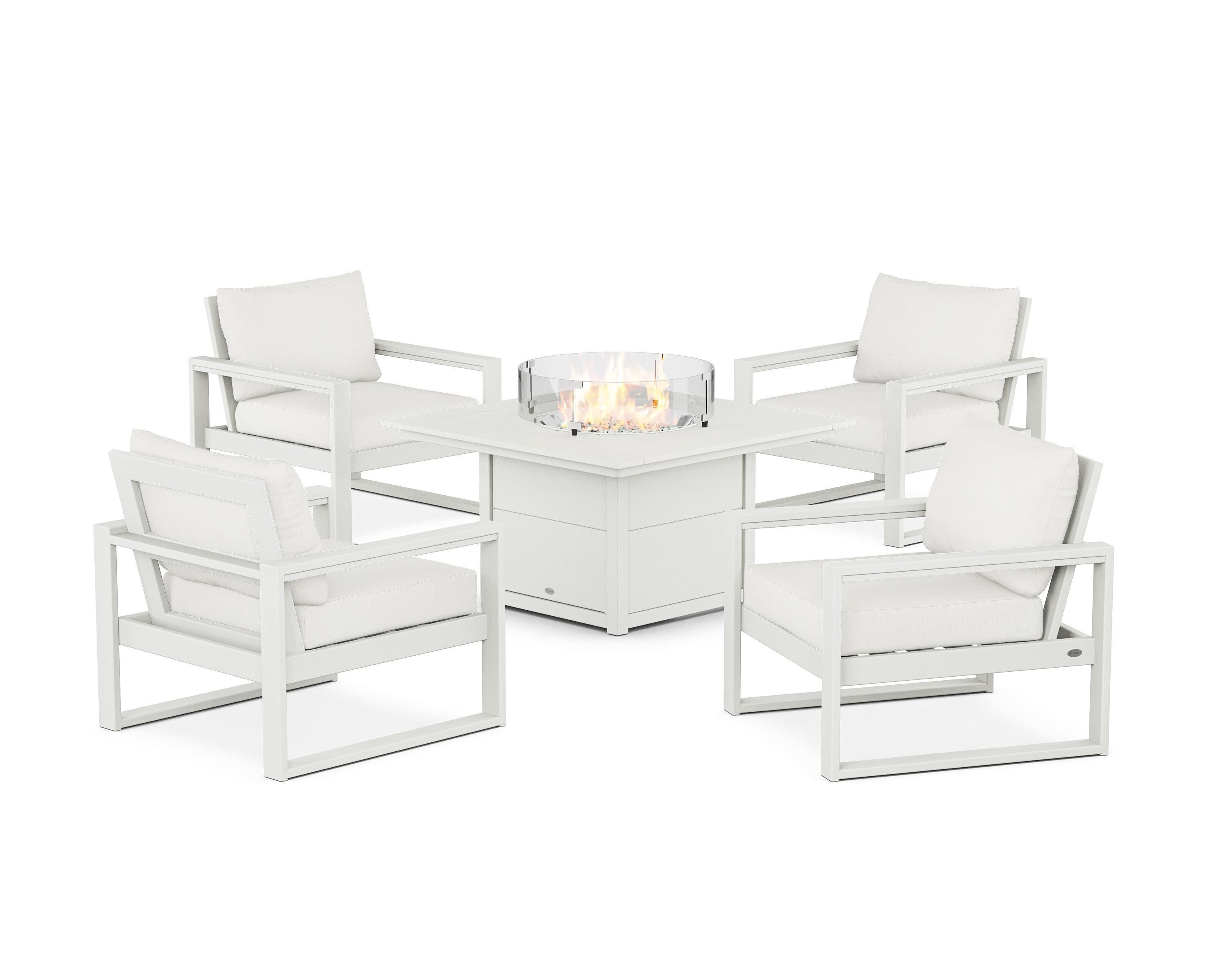 EDGE Sectional 5-Piece Deep Seating Set with Fire Pit Table in Vintage White / Natural Linen