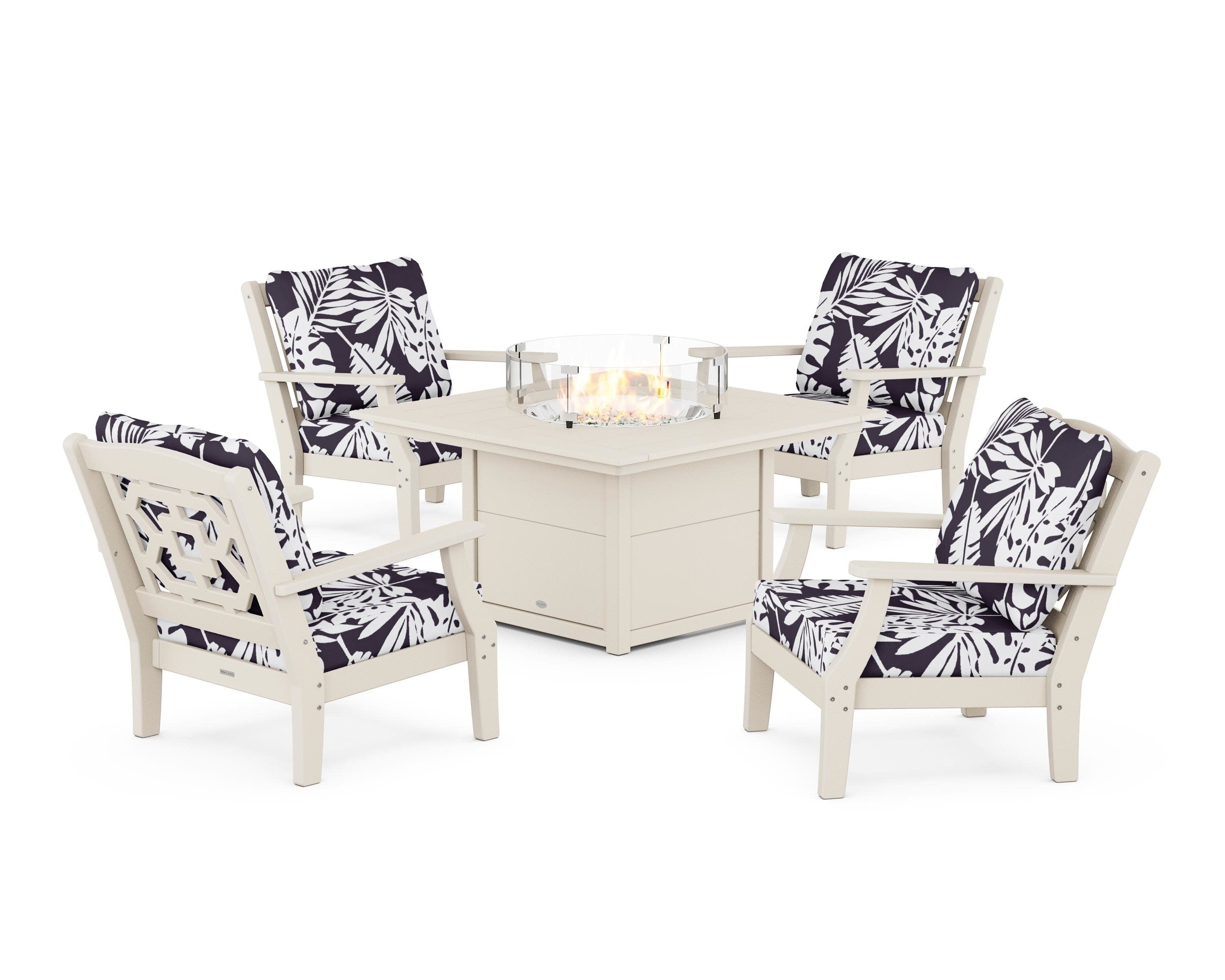 Chinoiserie 5-Piece Deep Seating Set with Fire Pit Table in Sand / Leaf Navy