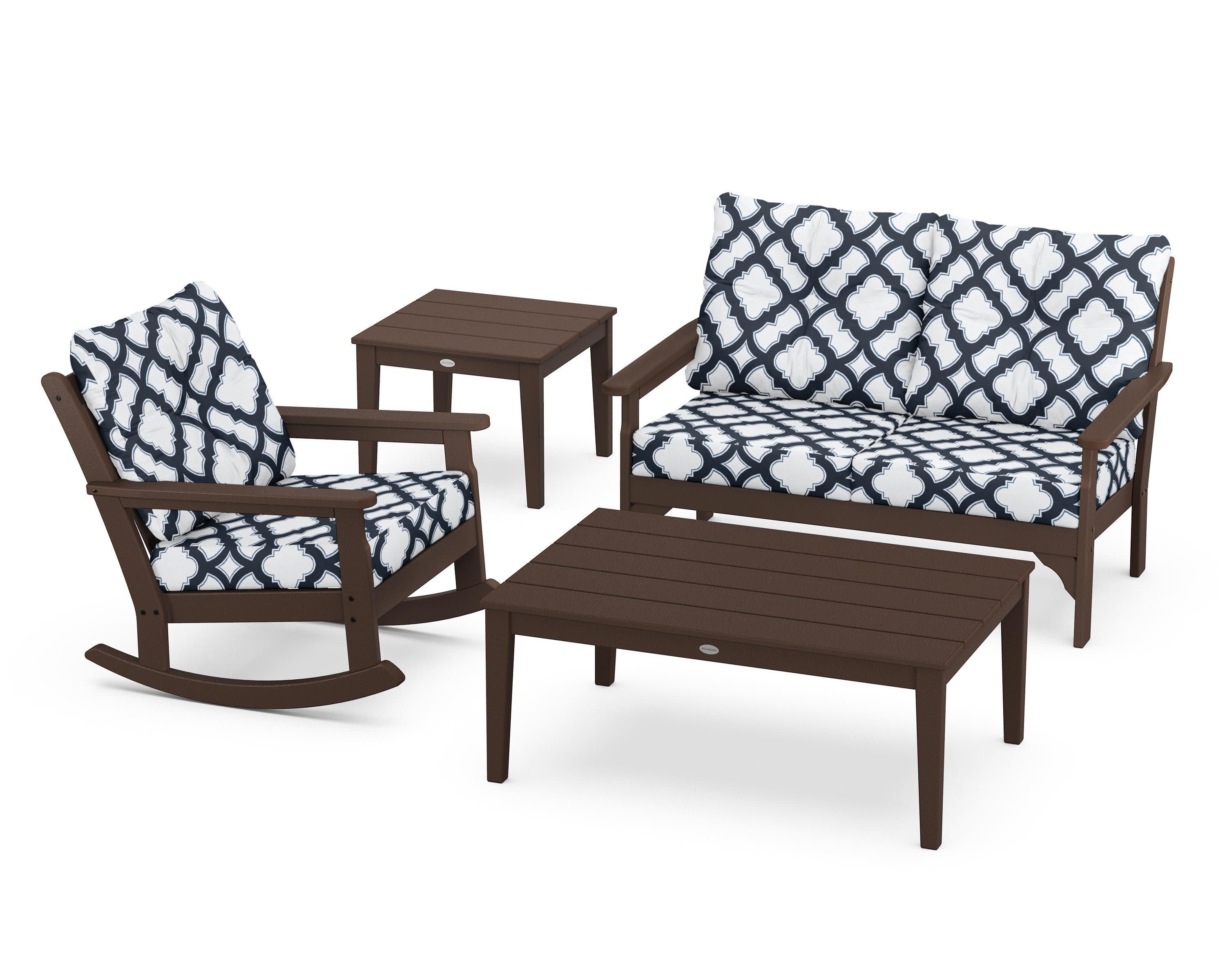 Vineyard 4-Piece Deep Seating Rocker Set in Mahogany / Trellis Marine Indigo