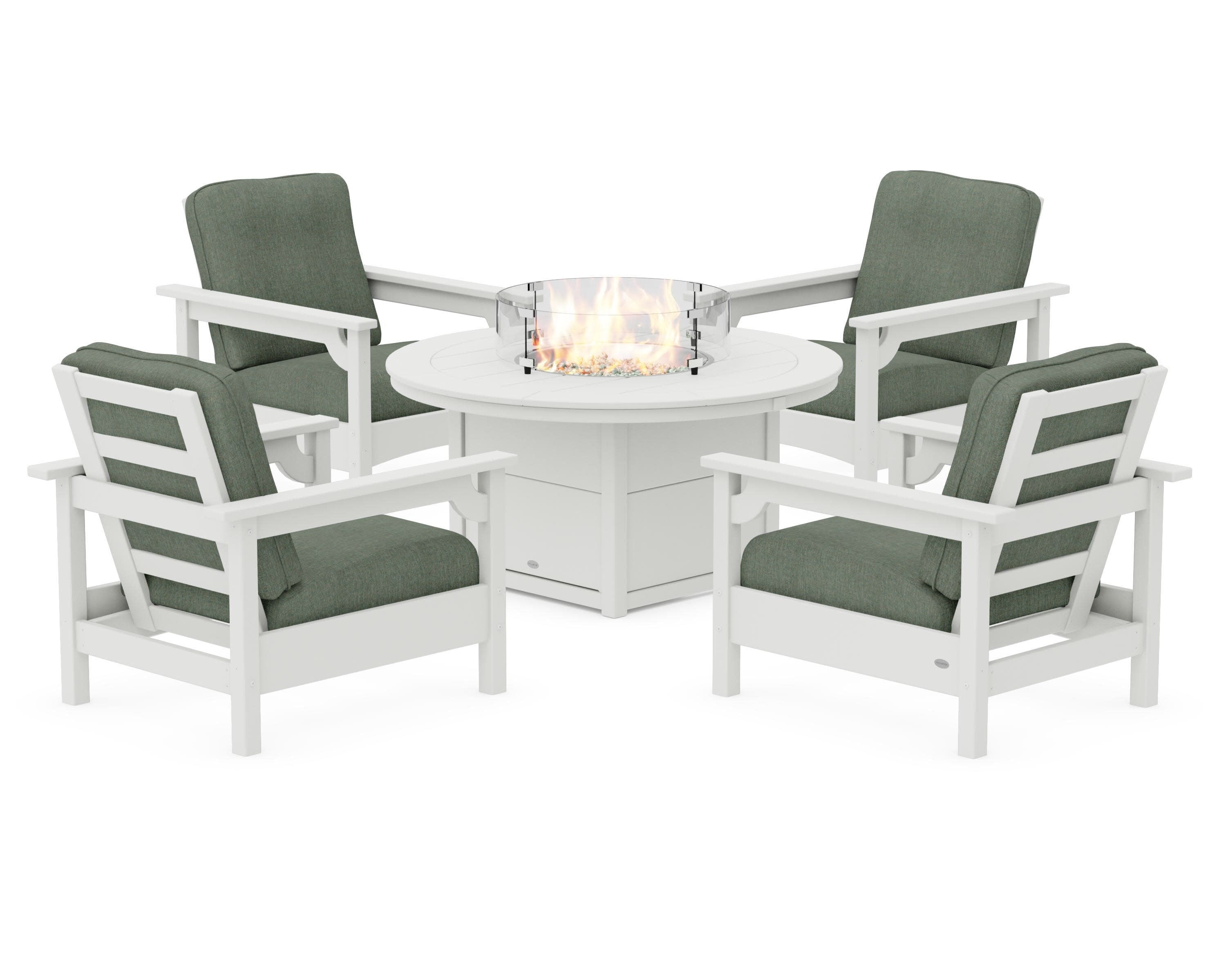 Club 5-Piece Conversation Set with Fire Pit Table in Vintage White / Cast Sage