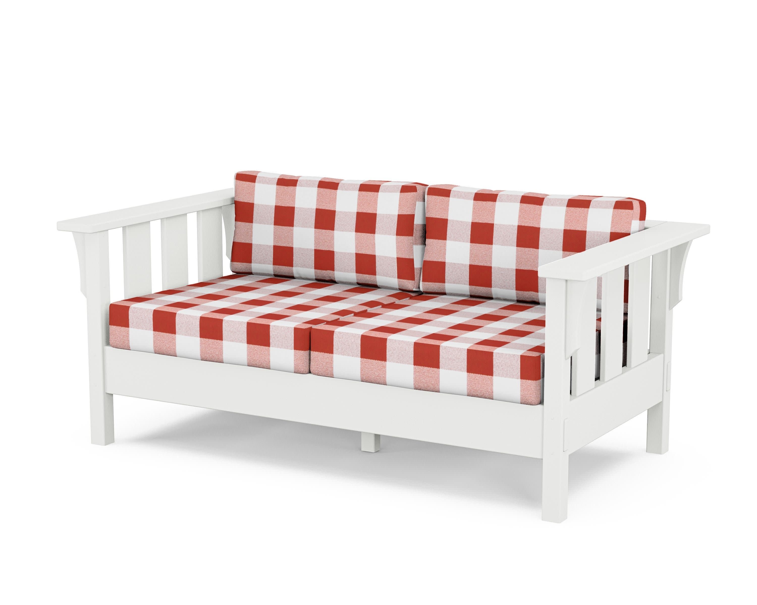 Acadia Deep Seating Loveseat in White / Buffalo Plaid Crimson