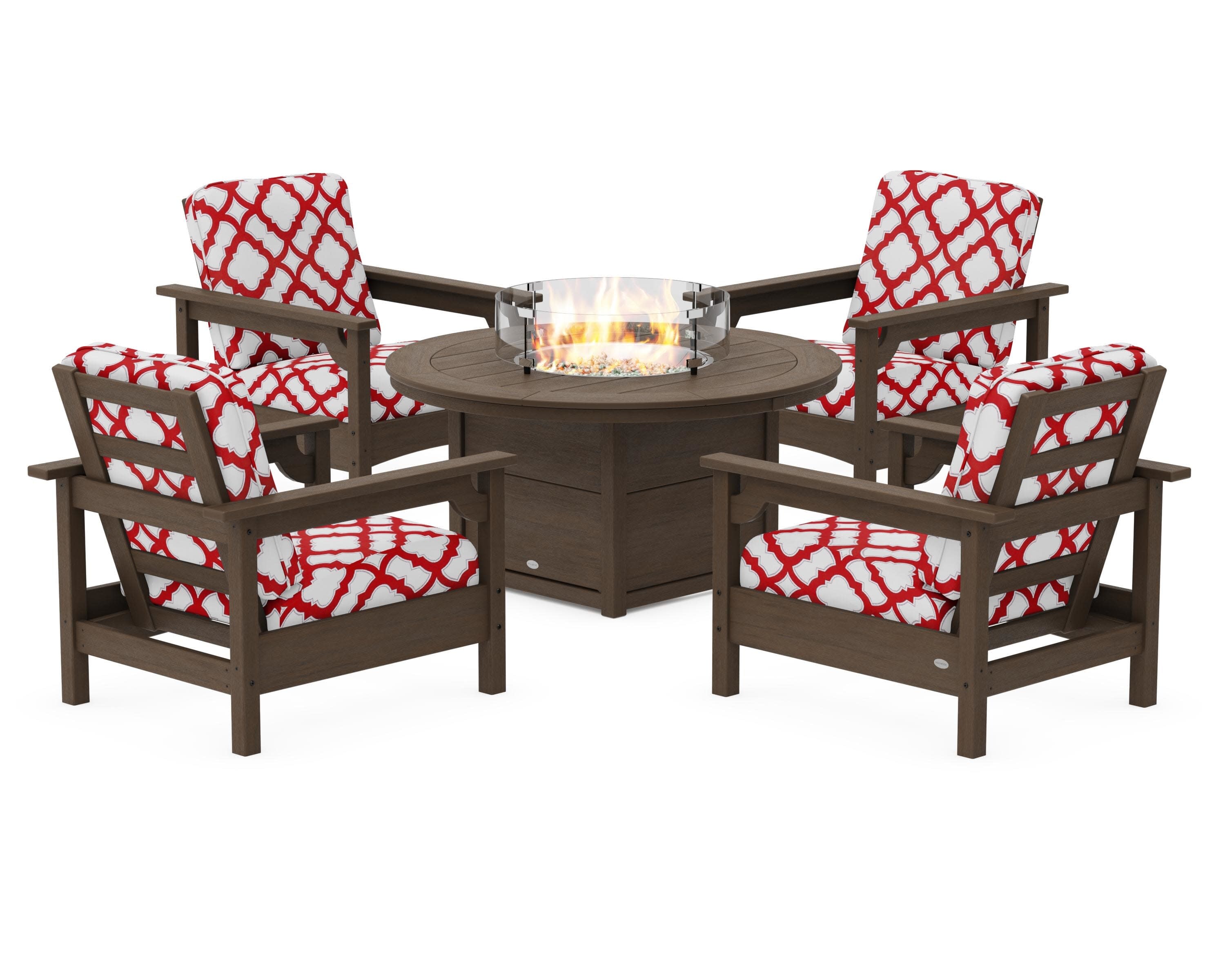 Club 5-Piece Conversation Set with Fire Pit Table in Kona / Trellis Crimson