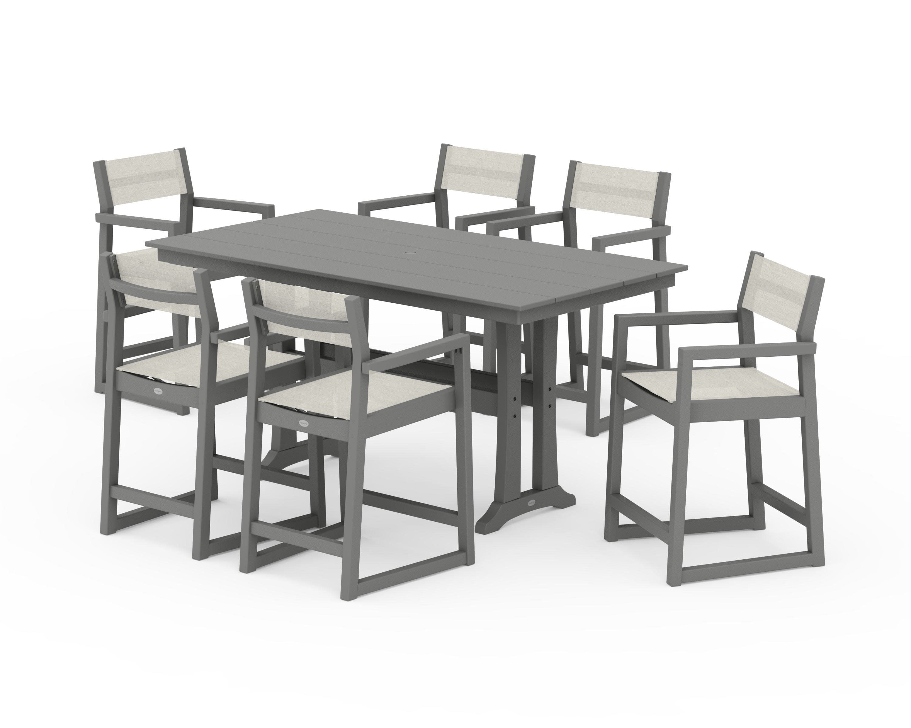 EDGE Sling Arm Chair 7-Piece Farmhouse Counter Set with Trestle Legs in Slate Grey / Parchment Sling