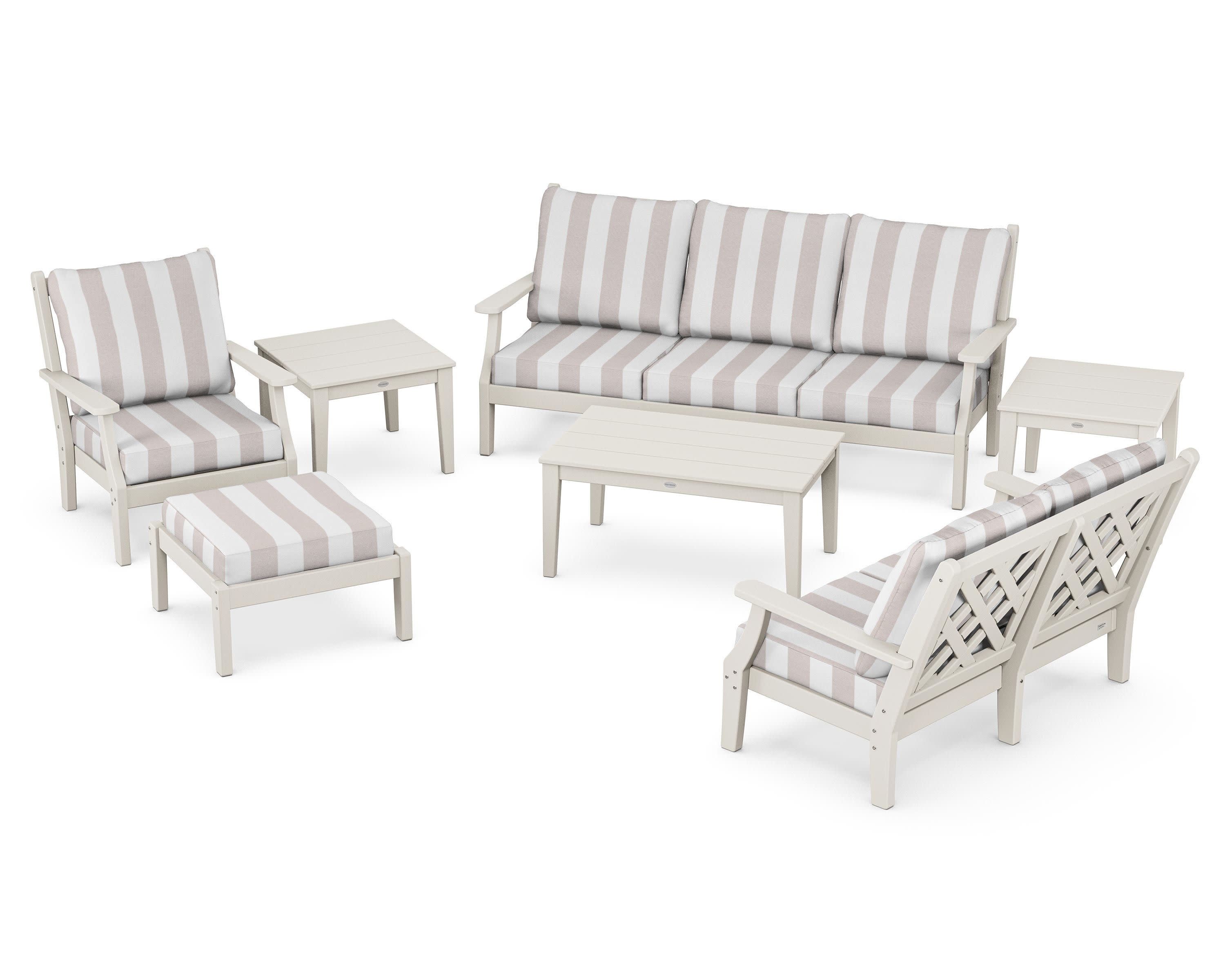 Wovendale 7-Piece Deep Seating Set in Sand / Cabana Stripe Dune Burlap