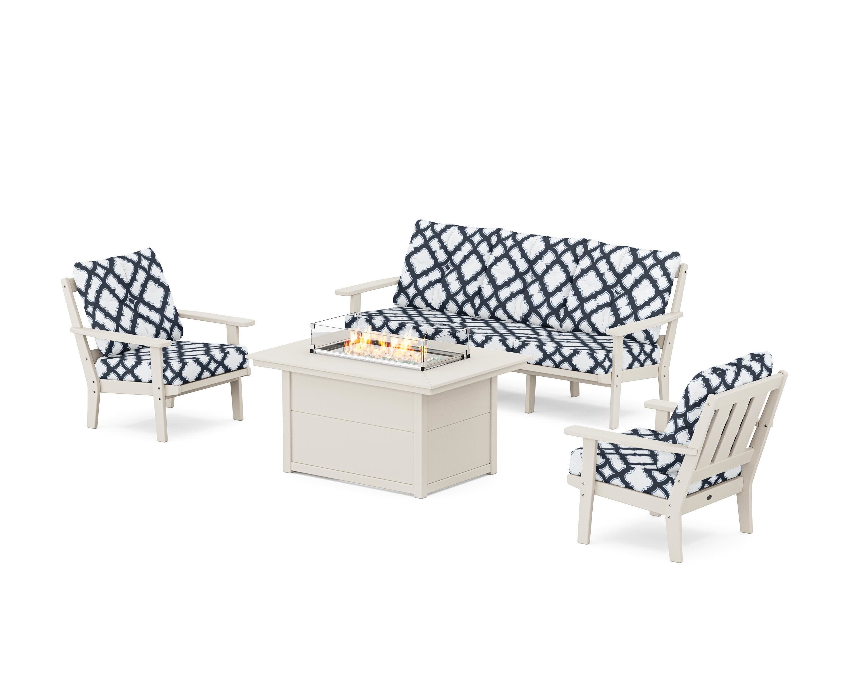 Oxford Deep Seating Fire Pit Table Set in Sand / Trellis Marine Indigo