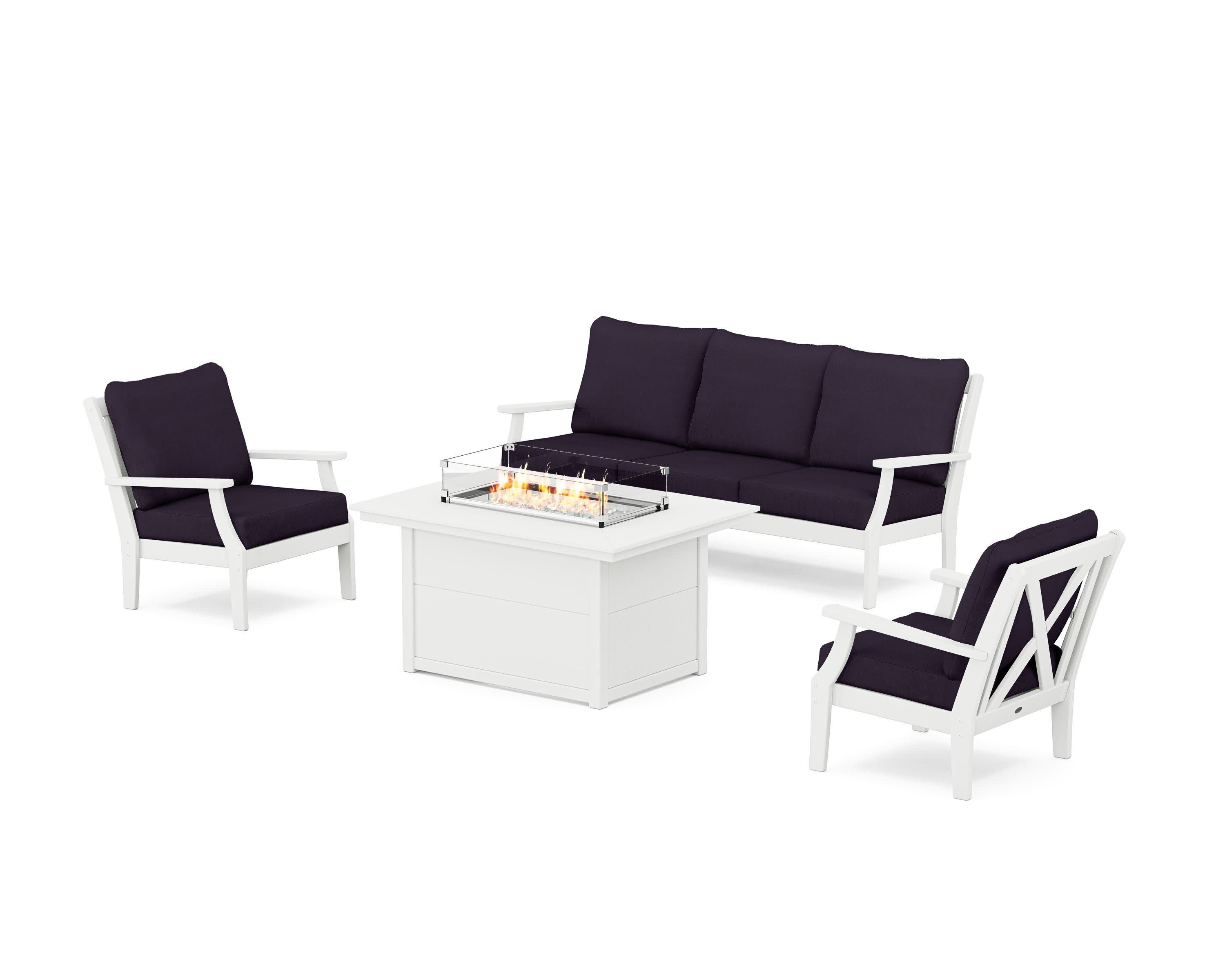 Braxton Deep Seating Fire Pit Table Set in White / Navy Linen