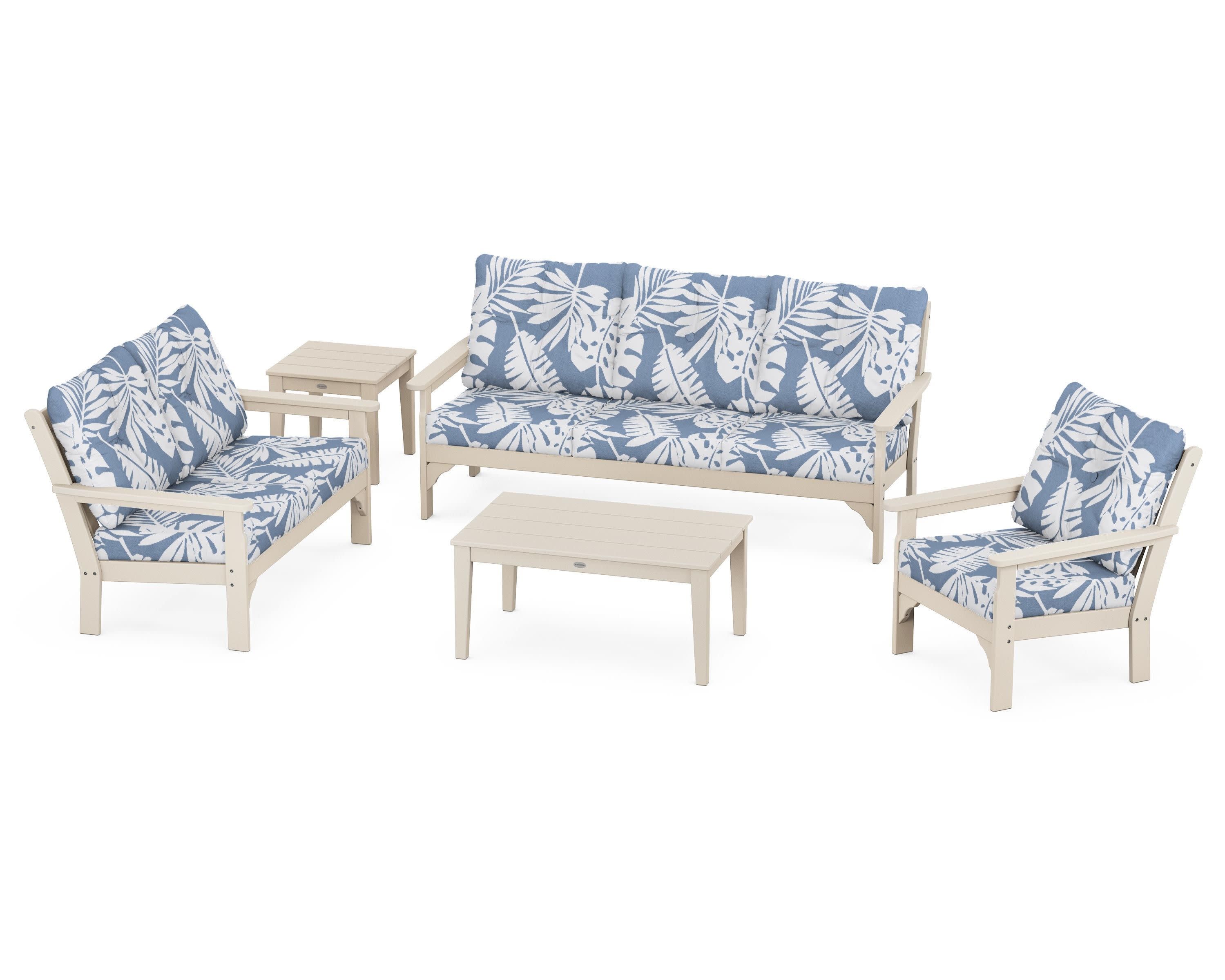 Vineyard 5 Piece Deep Seating Set in Sand / Leaf Sky Blue