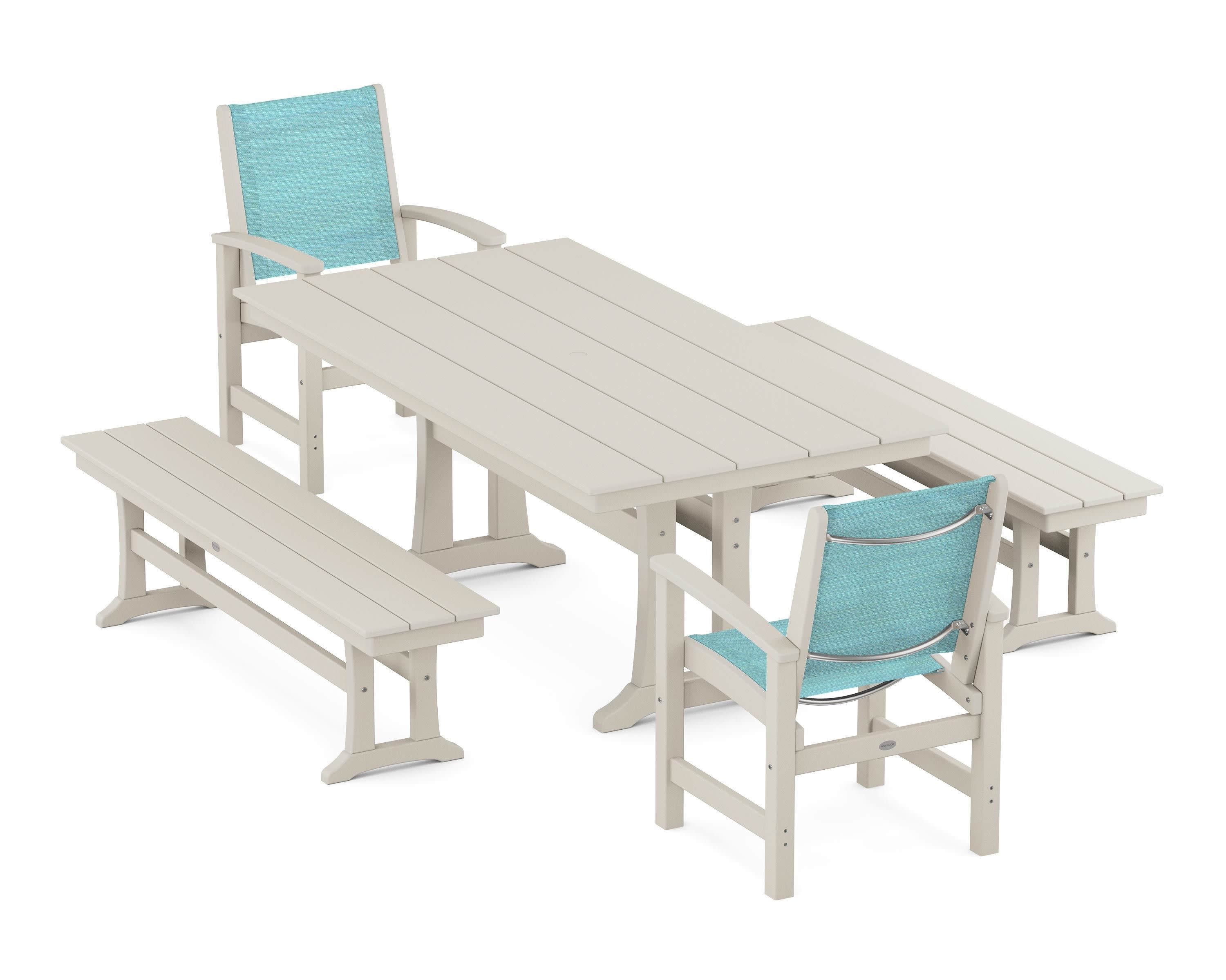 Coastal 5-Piece Farmhouse Dining Set with Trestle Legs and Benches in Sand / Dupioni Aquamarine Sling