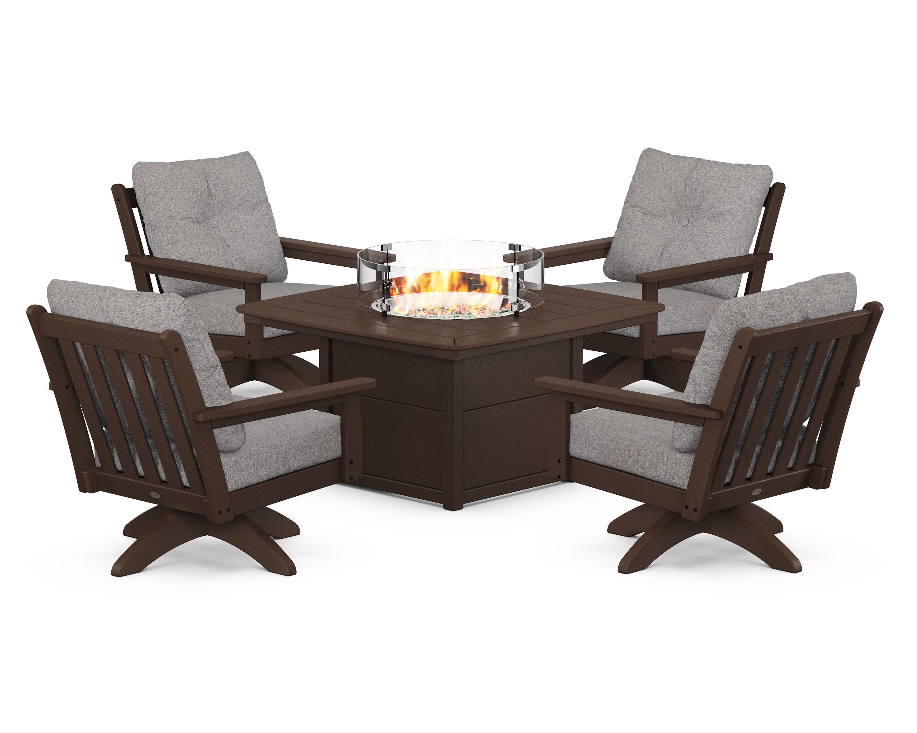 Vineyard 5-Piece Deep Seating Swivel Conversation Set with Fire Pit Table in Mahogany / Grey Mist