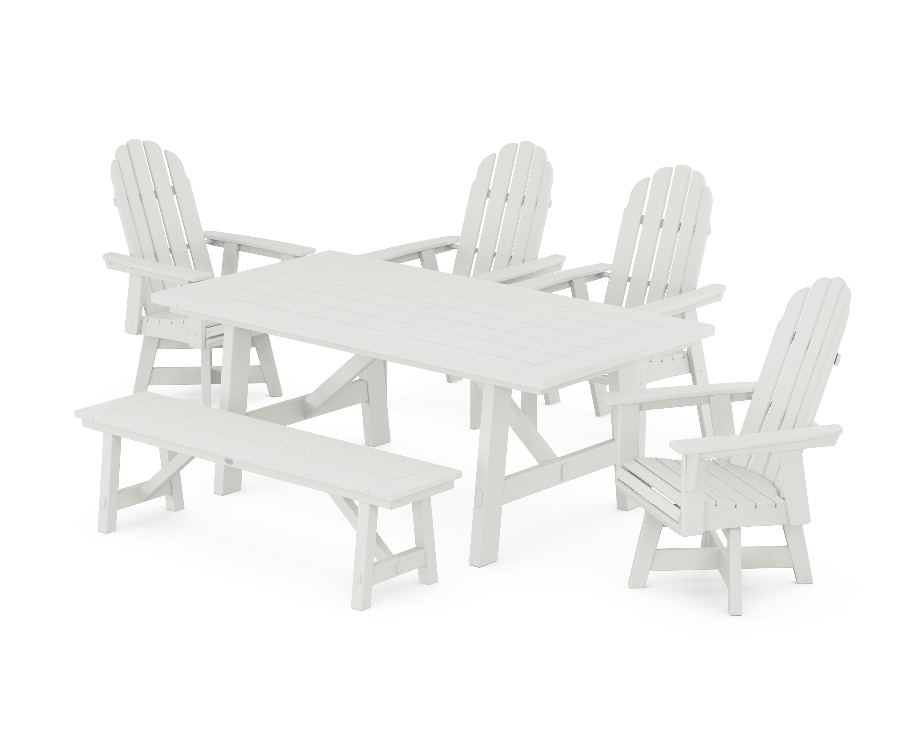 Vineyard Curveback Adirondack Swivel Chair 6-Piece Rustic Farmhouse Dining Set With Bench in Vintage White