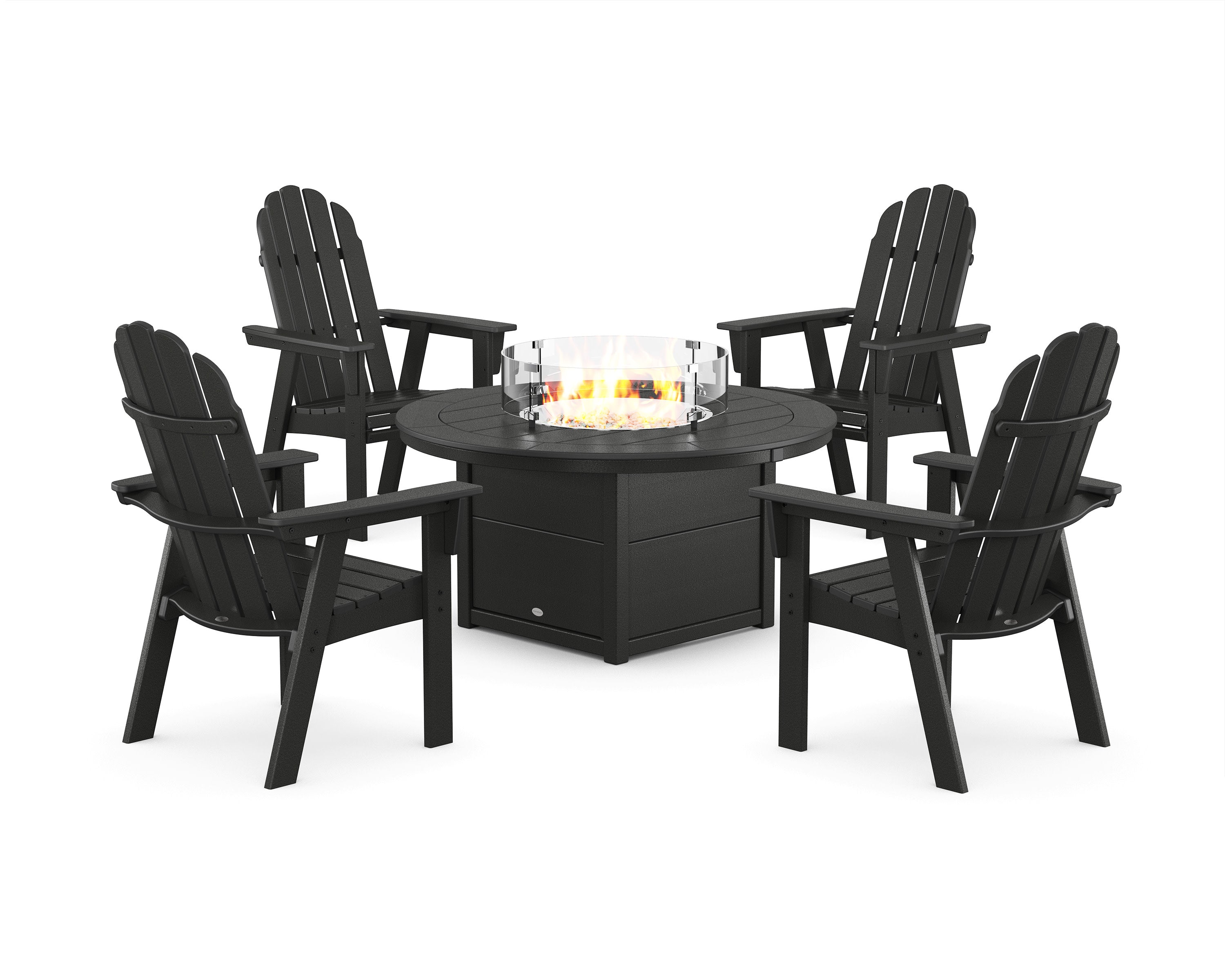 Vineyard 4-Piece Curveback Upright Adirondack Conversation Set with Fire Pit Table in Black