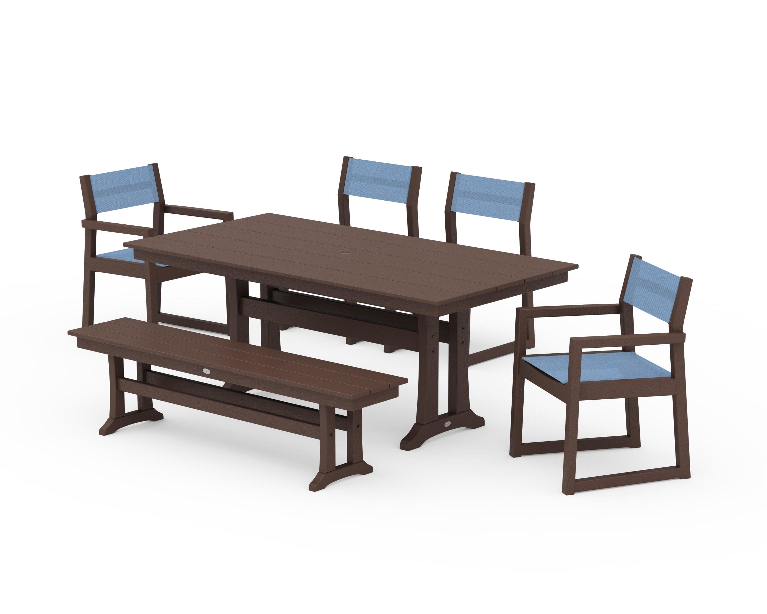 EDGE Sling 6-Piece Farmhouse Dining Set With Trestle Legs in Mahogany / Poolside Sling