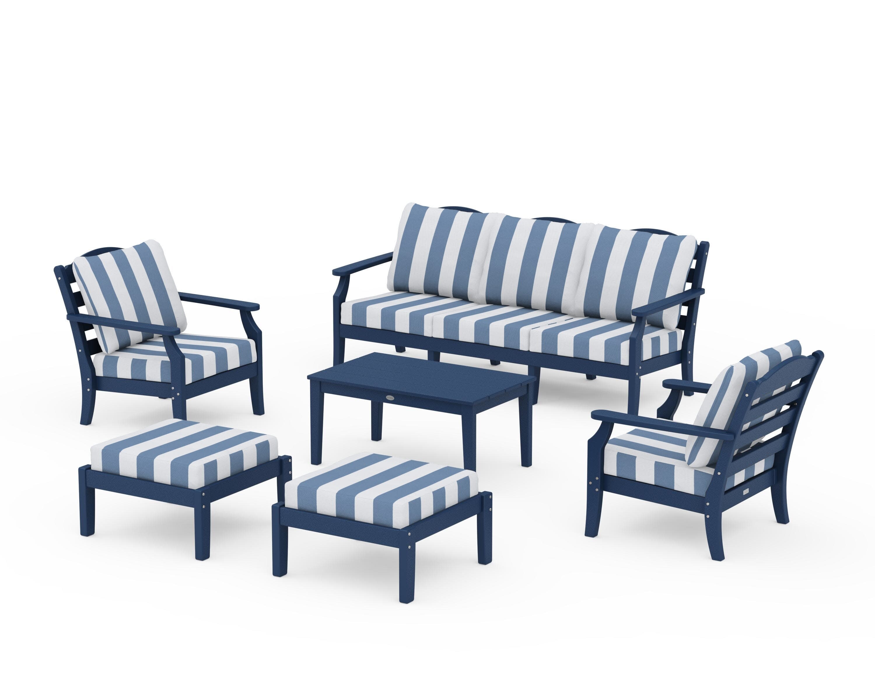 Savannah 6-Piece Lounge Sofa Set in Navy / Cabana Stripe Sky Blue