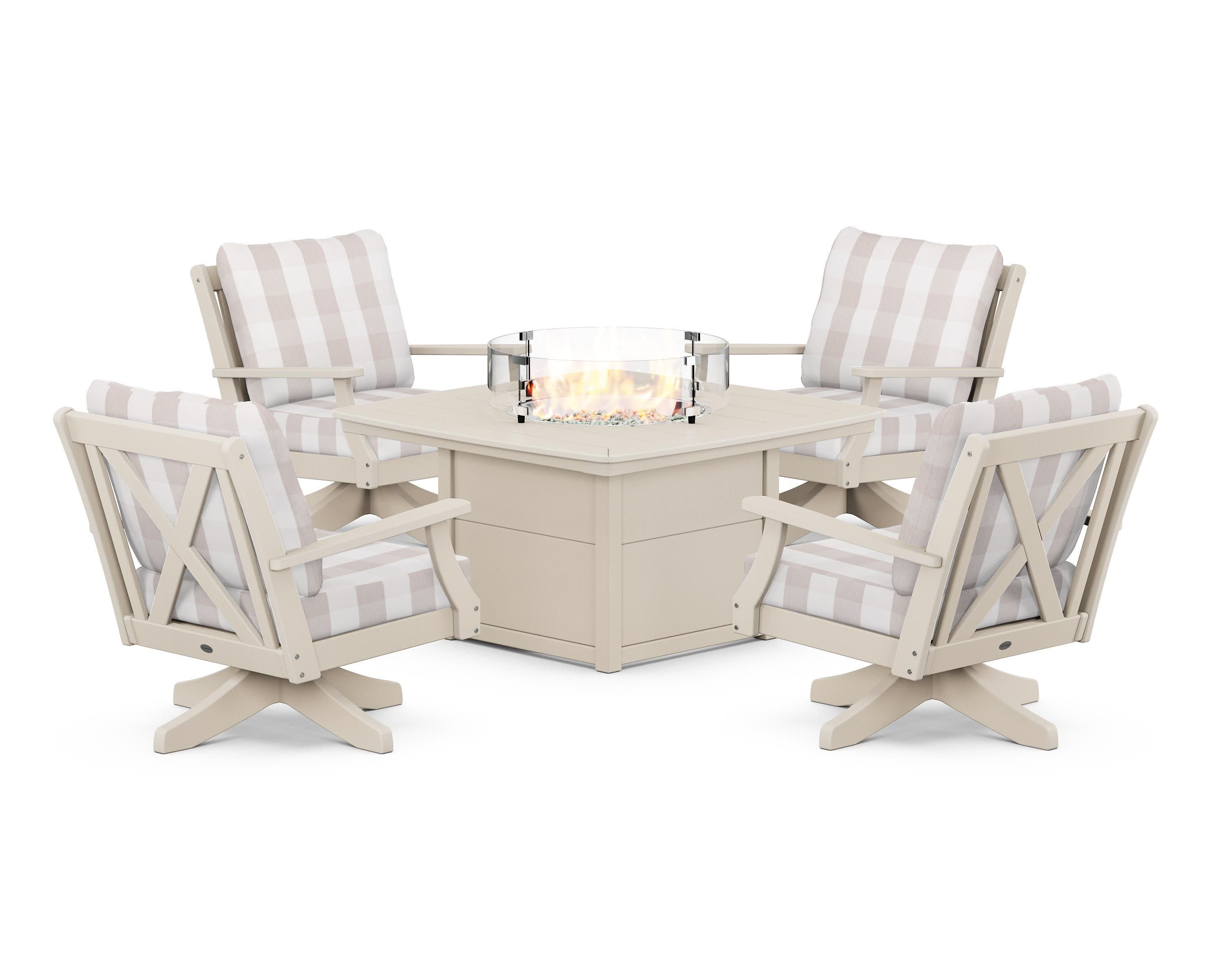 Braxton 5-Piece Deep Seating Swivel Conversation Set with Fire Pit Table in Sand / Buffalo Plaid Dune Burlap