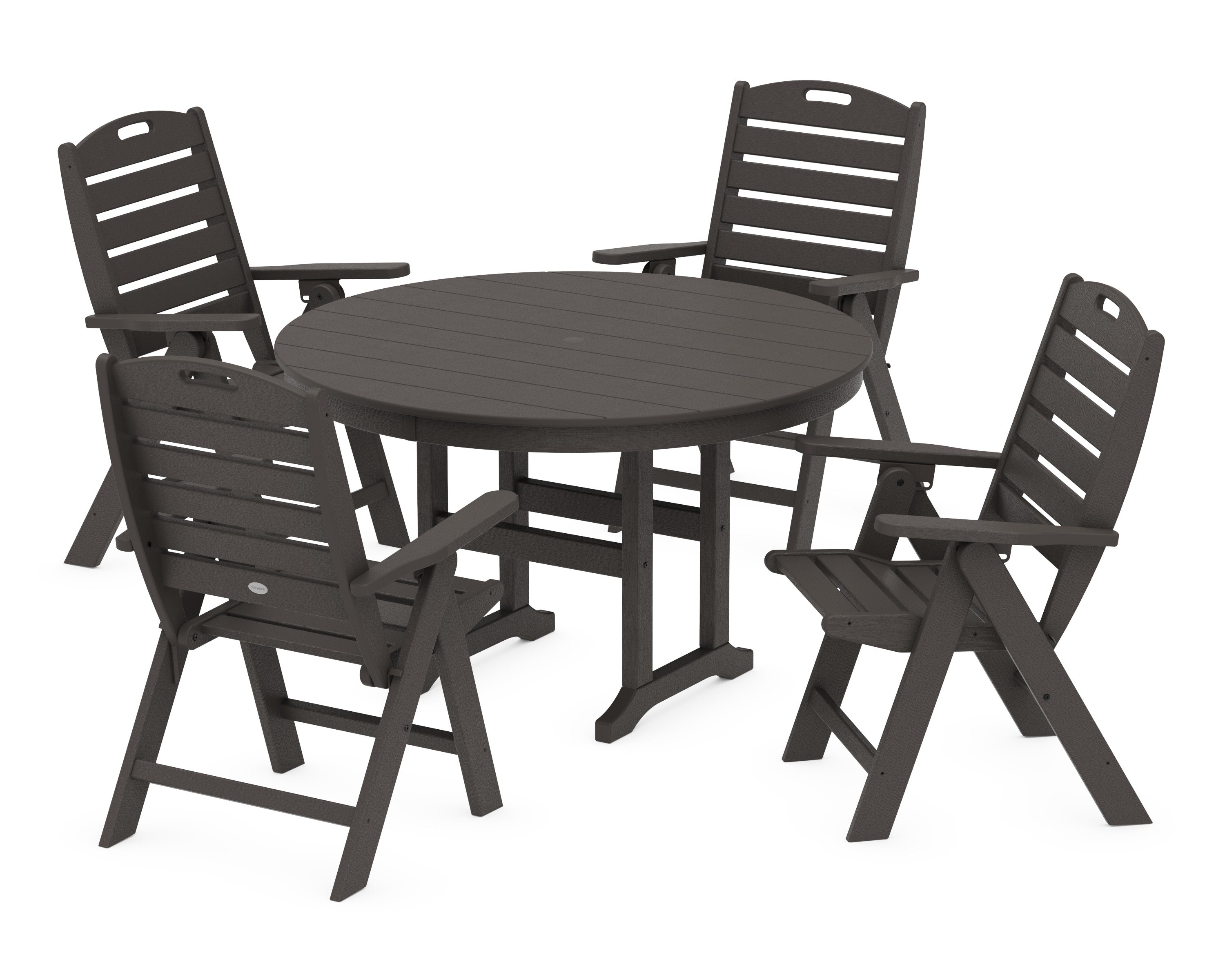 Nautical Folding Chair 5-Piece Round Farmhouse Dining Set in Vintage Coffee
