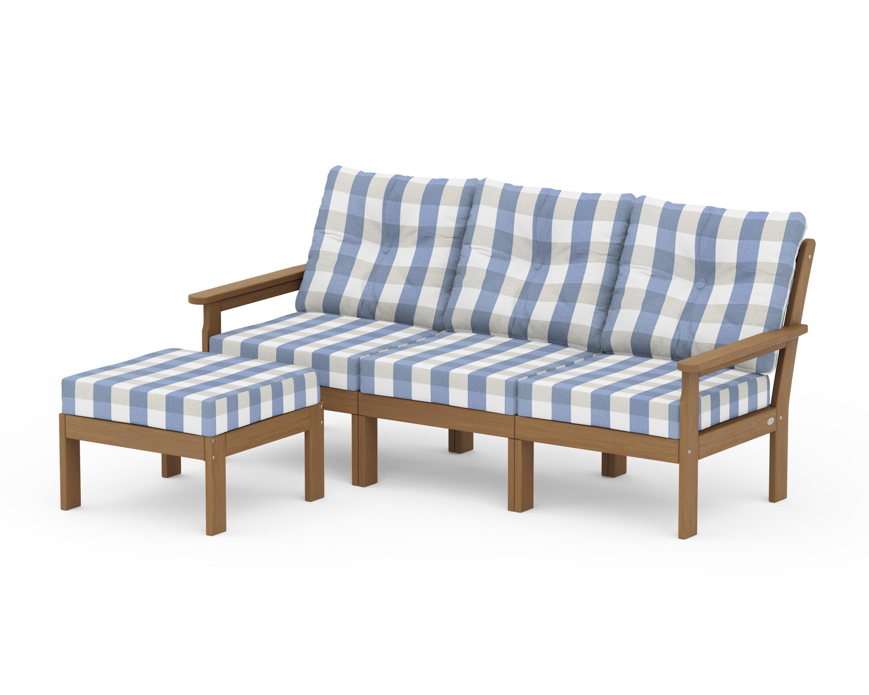 Vineyard 4-Piece Sectional with Ottoman in Natural / Buffalo Plaid Sky Blue