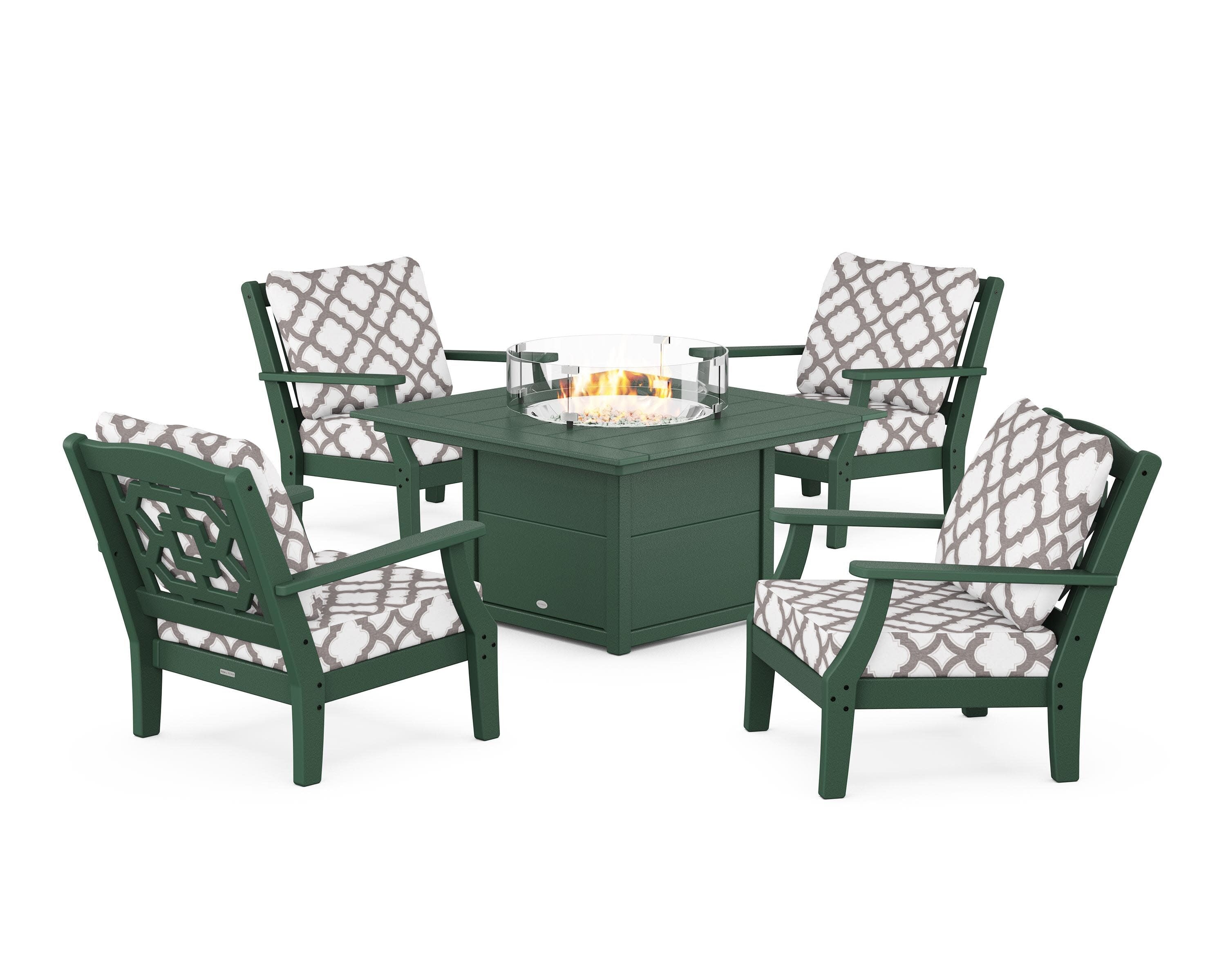 Chinoiserie 5-Piece Deep Seating Set with Fire Pit Table in Green / Trellis Grey Mist