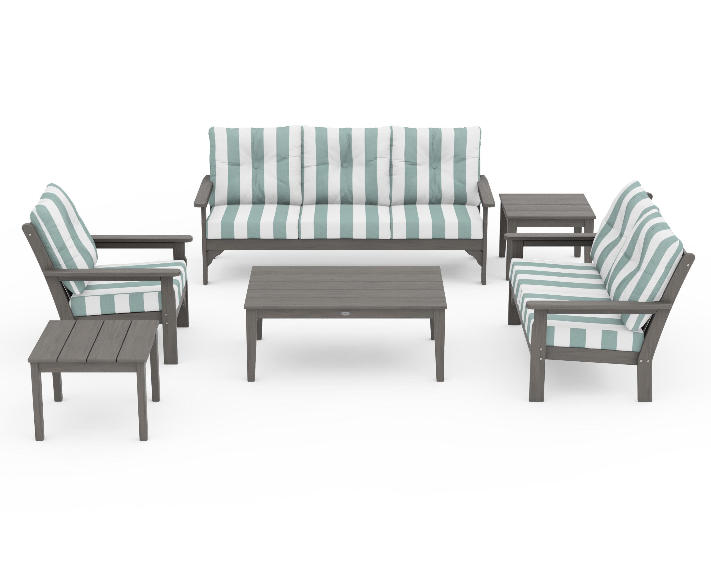 Vineyard 6-Piece Deep Seating Set in Driftwood / Cabana Stripe Glacier Spa
