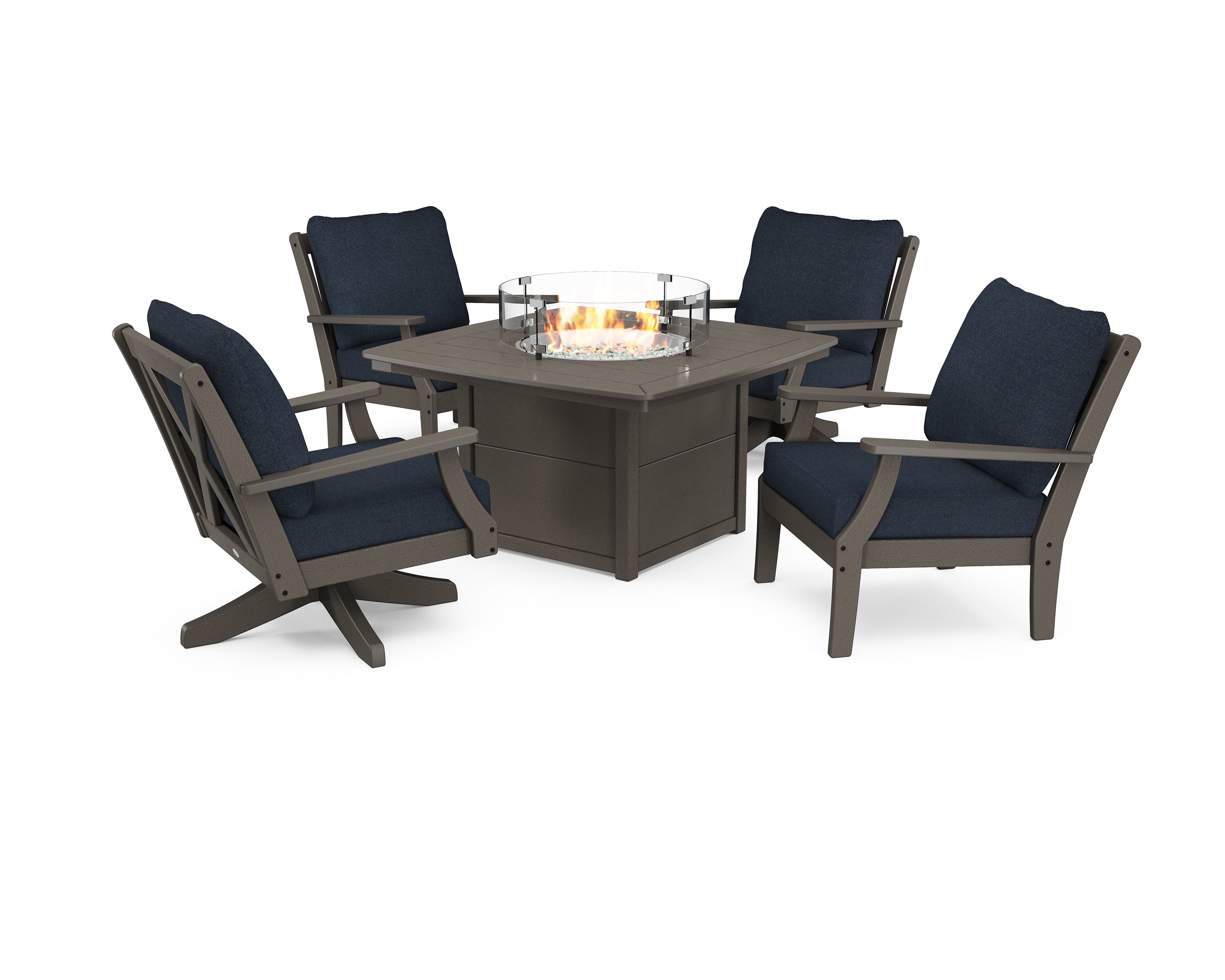 Braxton 5-Piece Deep Seating Set with Fire Table in Vintage Coffee / Marine Indigo