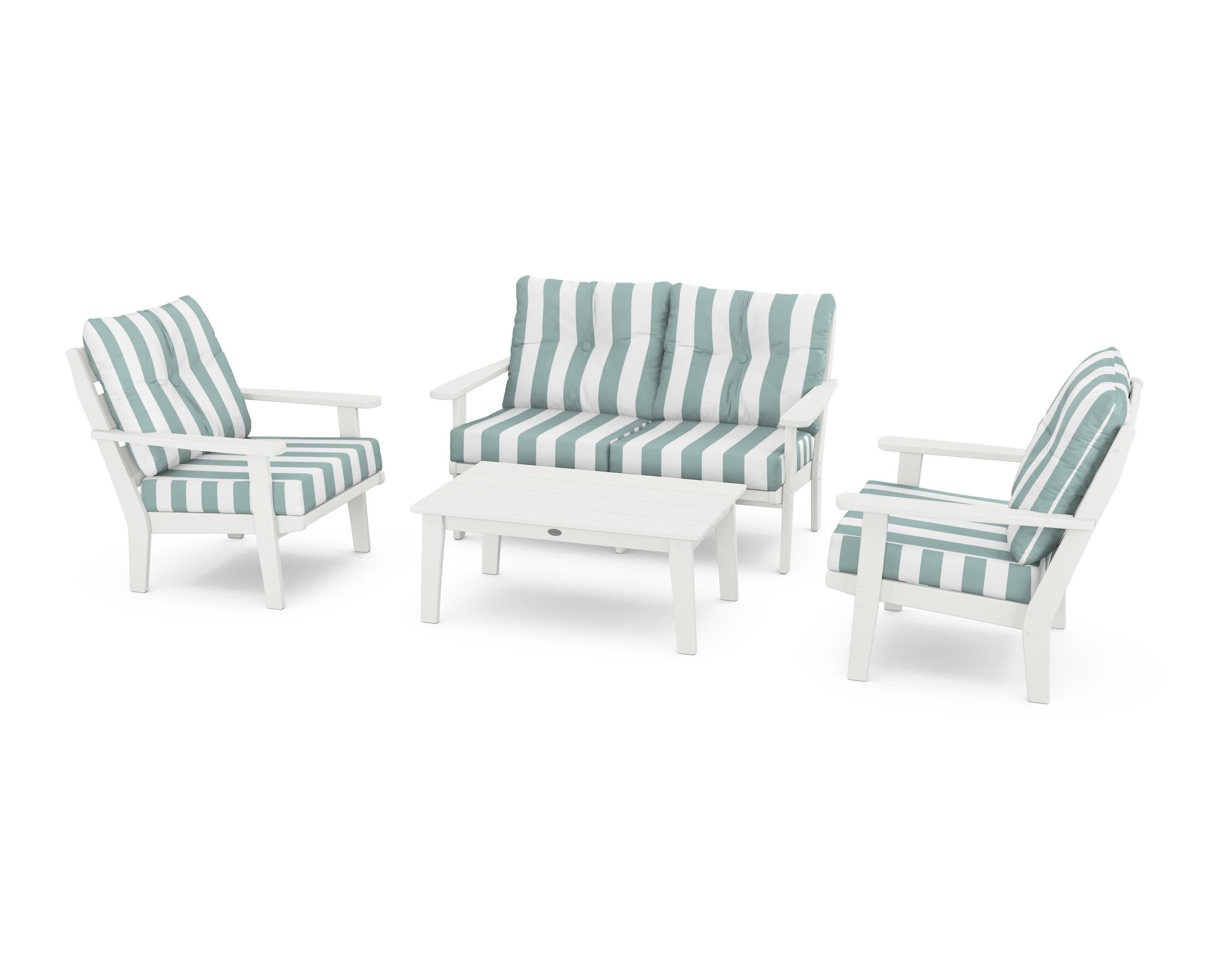 Lakeside 4-Piece Deep Seating Set in Vintage White / Cabana Stripe Glacier Spa