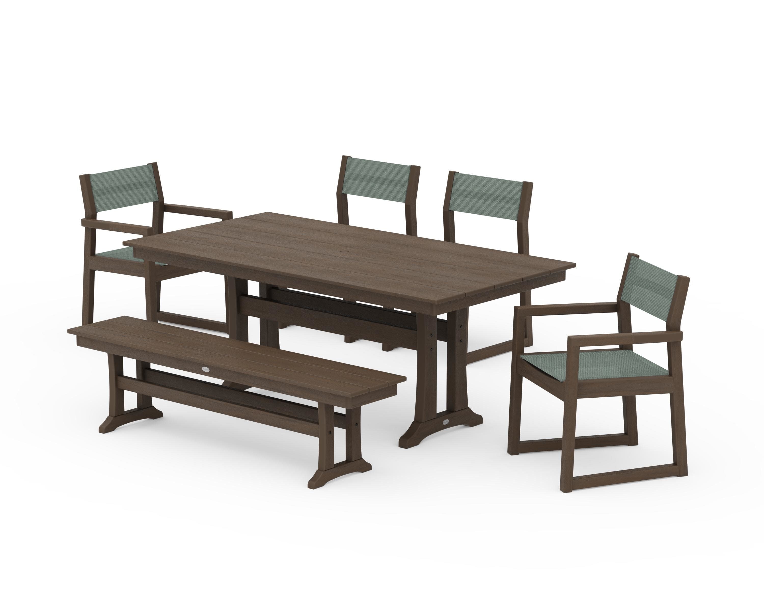 EDGE Sling 6-Piece Farmhouse Dining Set With Trestle Legs in Kona / Dupioni Sea Mist Sling
