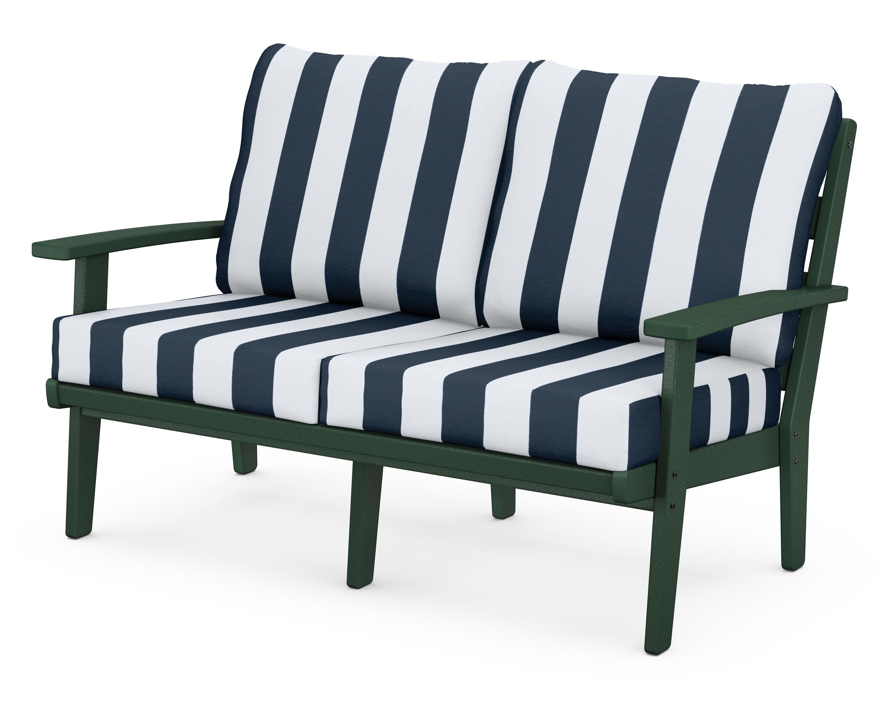 Grant Park Deep Seating Loveseat in Green / Cabana Stripe Marine Indigo