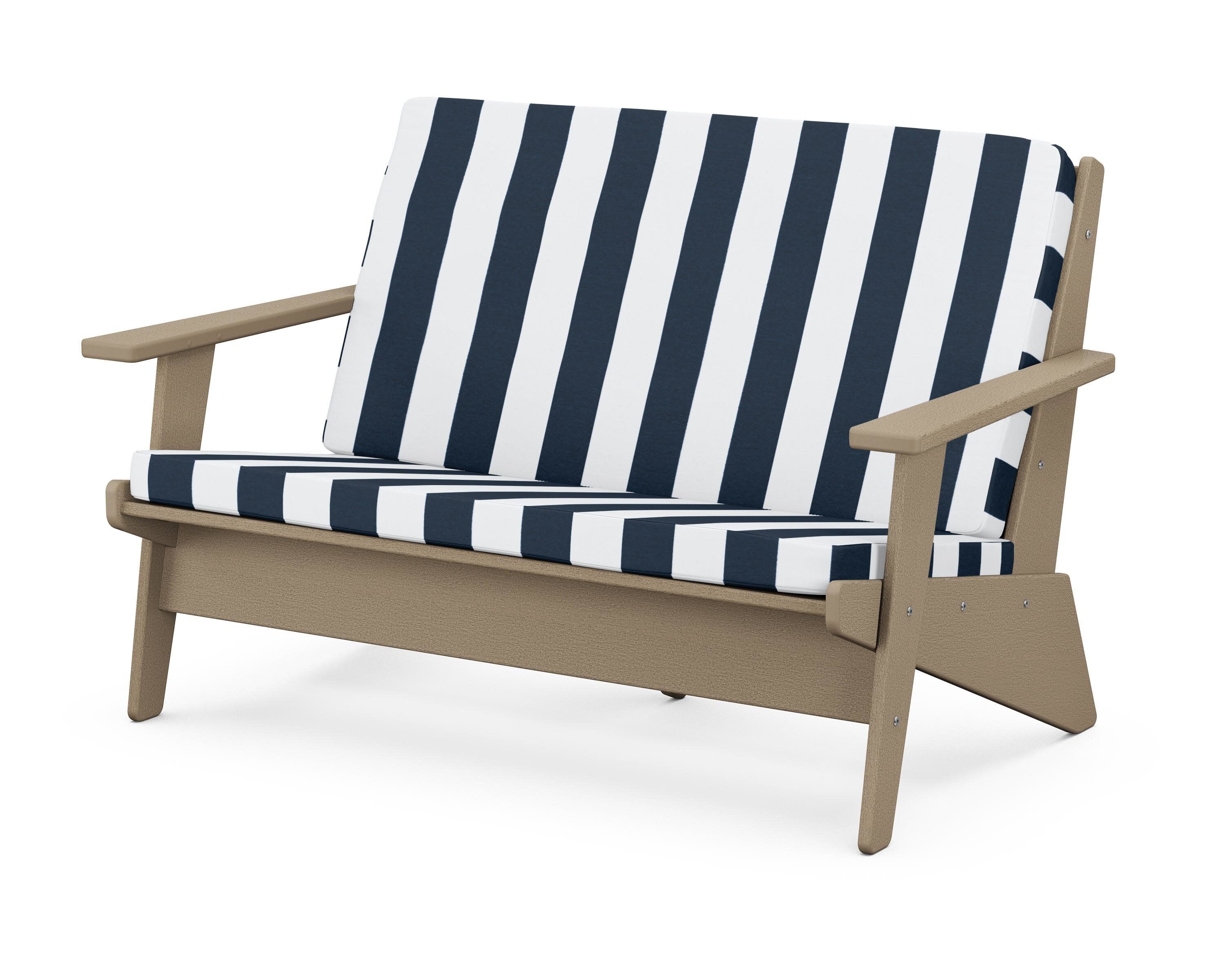 Riviera Modern Lounge Loveseat in Vintage Sahara / Cabana Stripe Marine Indigo