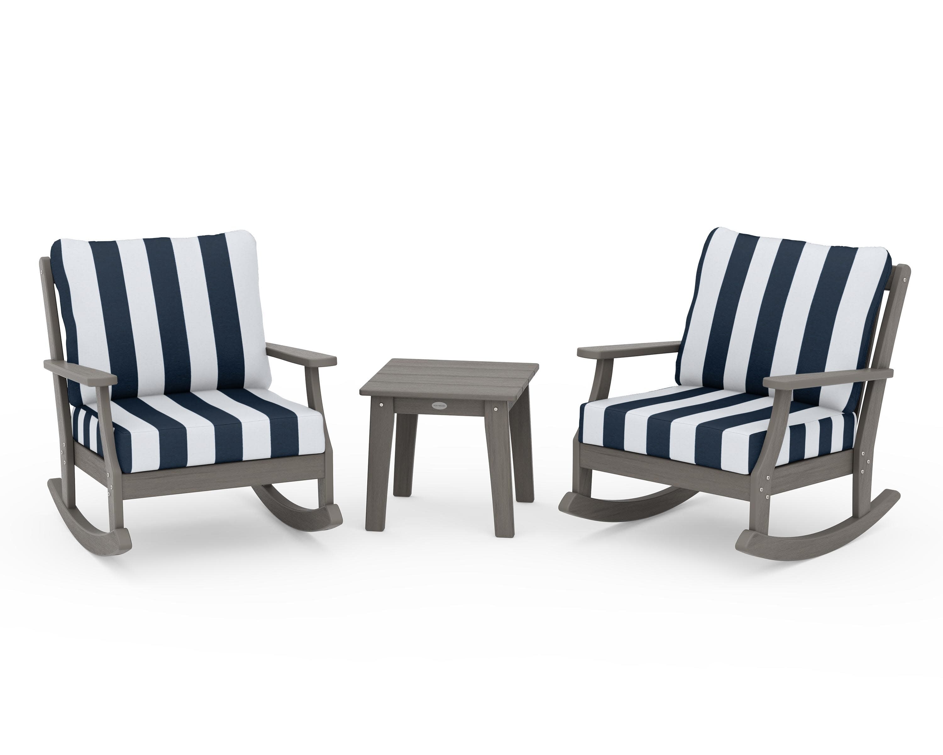 Braxton 3-Piece Deep Seating Rocker Set in Driftwood / Cabana Stripe Marine Indigo
