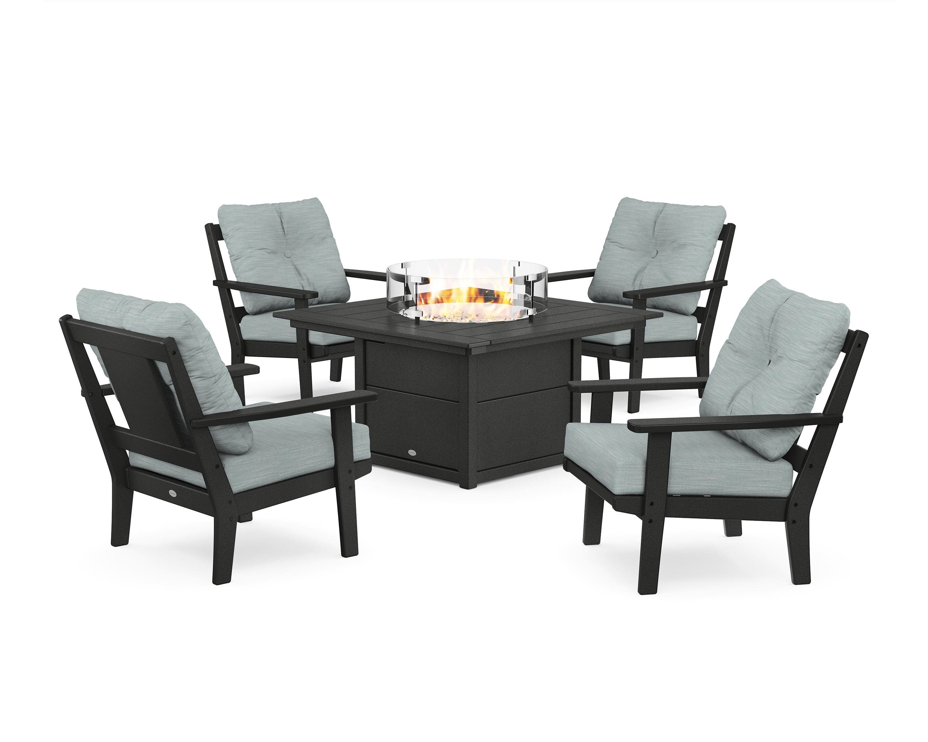 Prairie 5-Piece Deep Seating Set with Fire Pit Table in Black / Soothe Mist