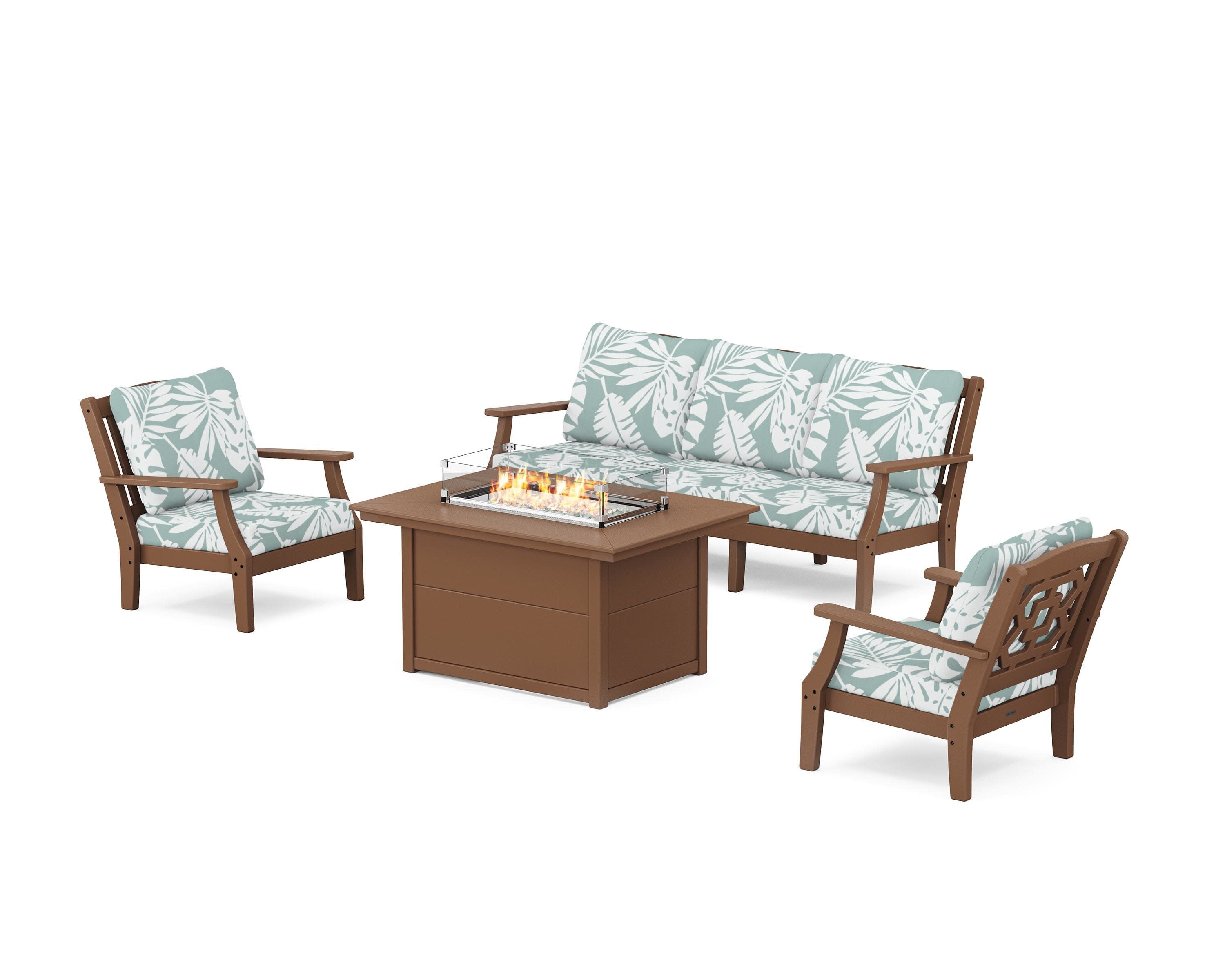 Chinoiserie Deep Seating Fire Pit Table Set in Teak / Leaf Glacier Spa