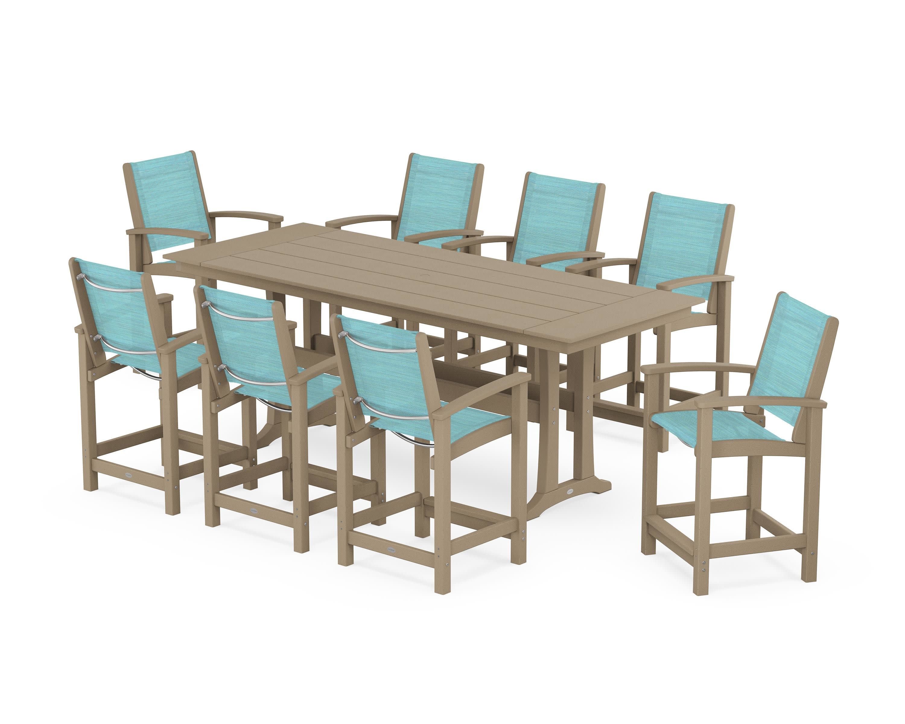 Coastal 9-Piece Farmhouse Counter Set with Trestle Legs in Vintage Sahara / Dupioni Aquamarine Sling