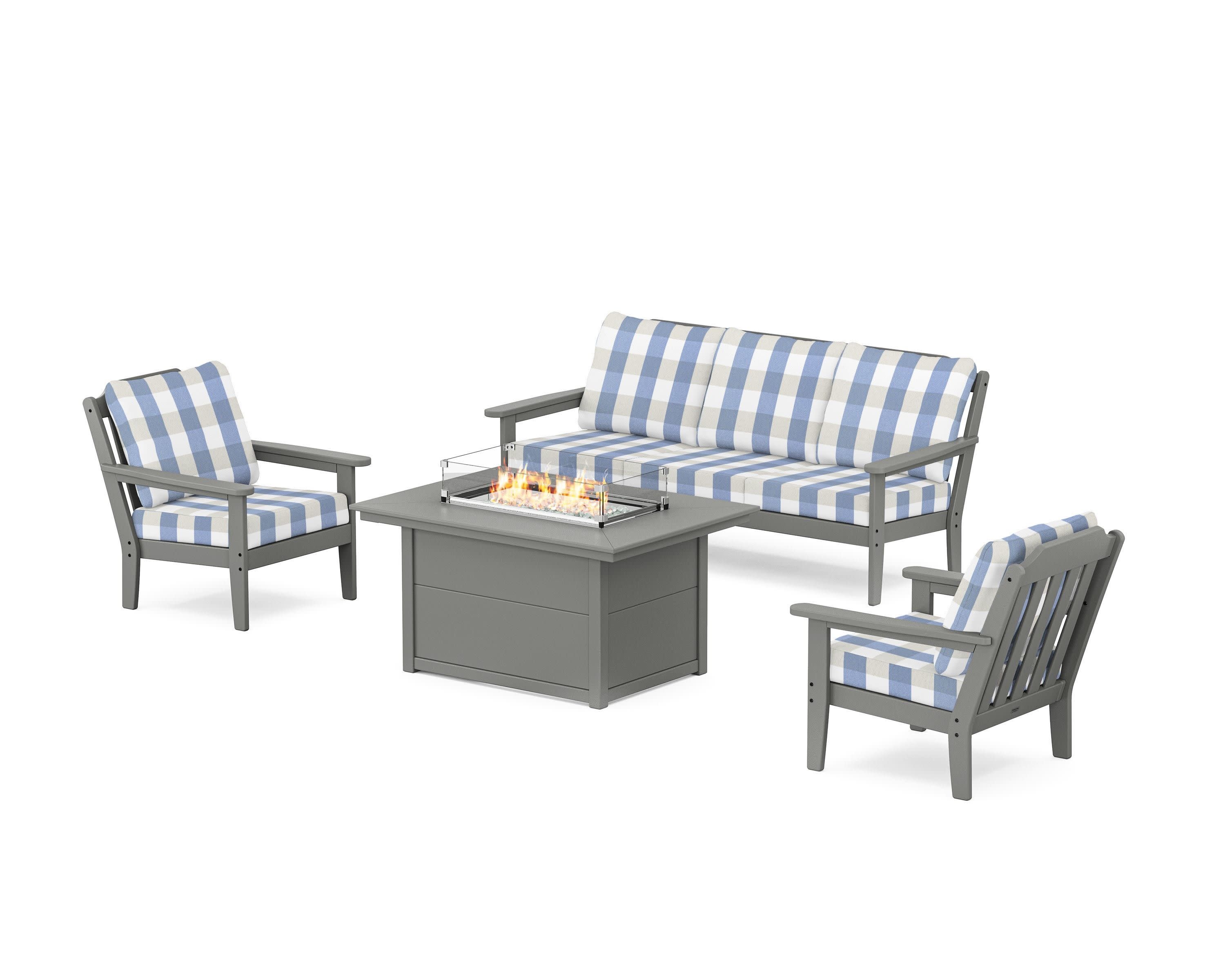 Cottage Deep Seating Fire Pit Table Set in Slate Grey / Buffalo Plaid Sky Blue