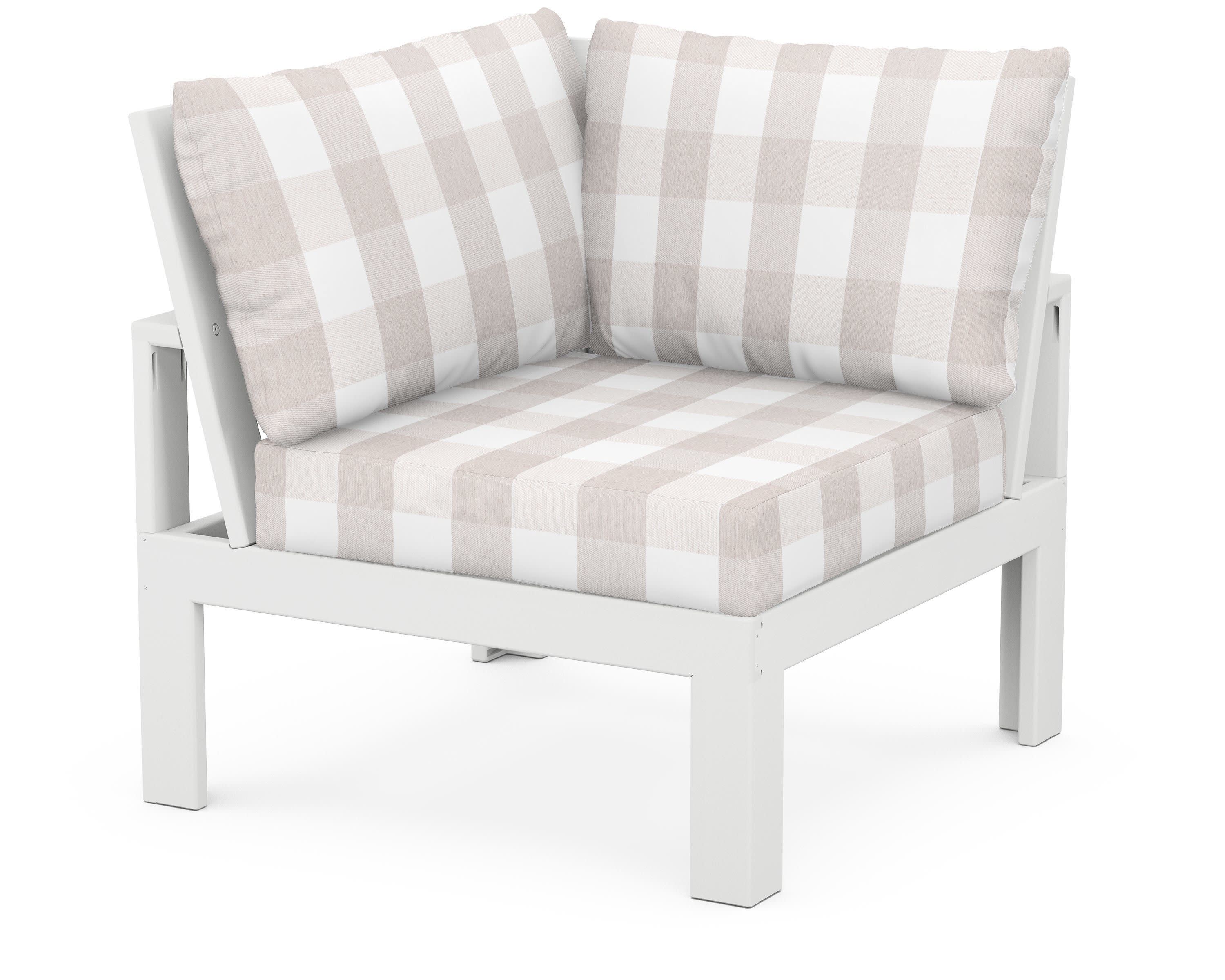 Modular Corner Chair in White / Buffalo Plaid Dune Burlap