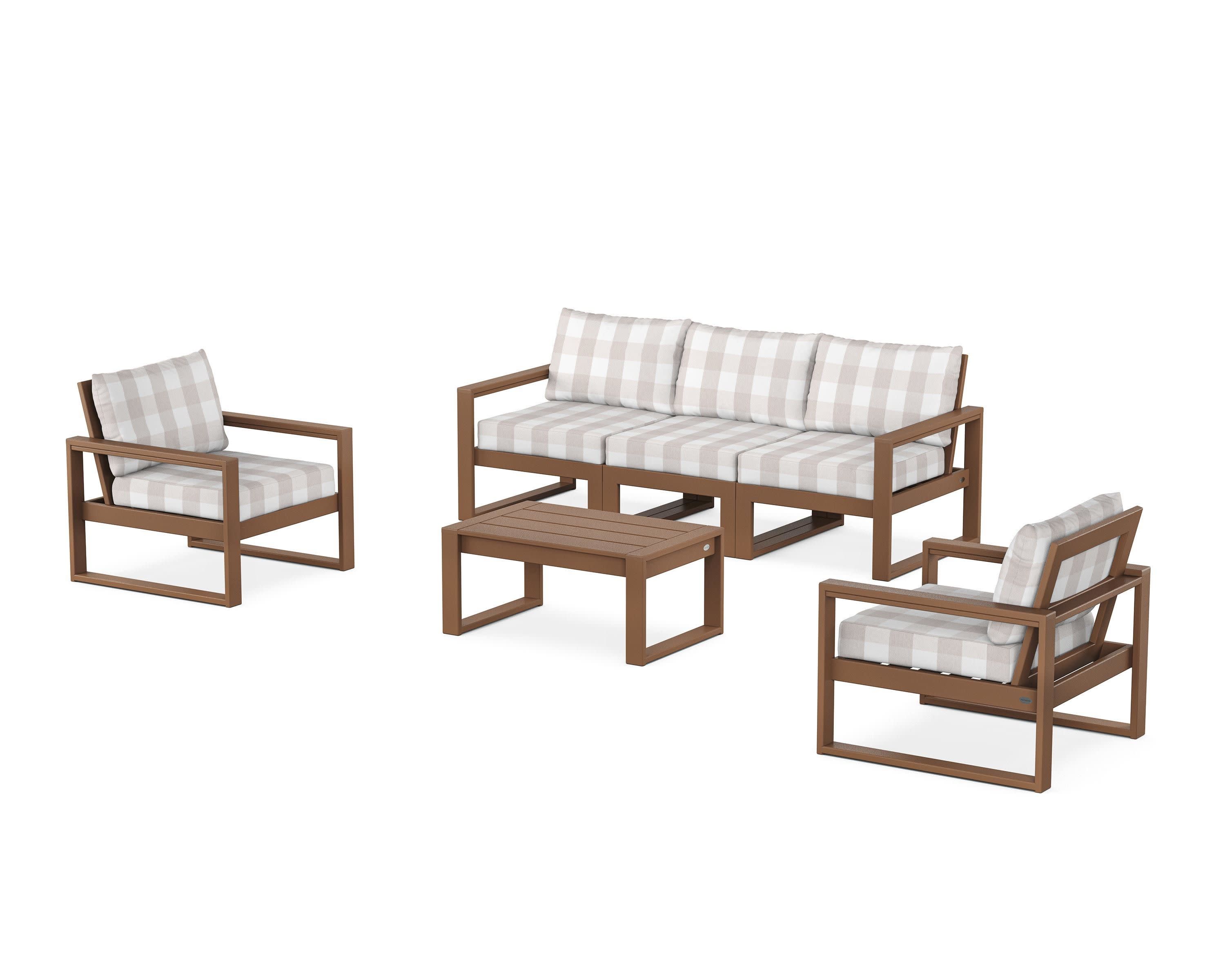EDGE Sectional 4-Piece Deep Seating Set with Sofa in Teak / Buffalo Plaid Dune Burlap