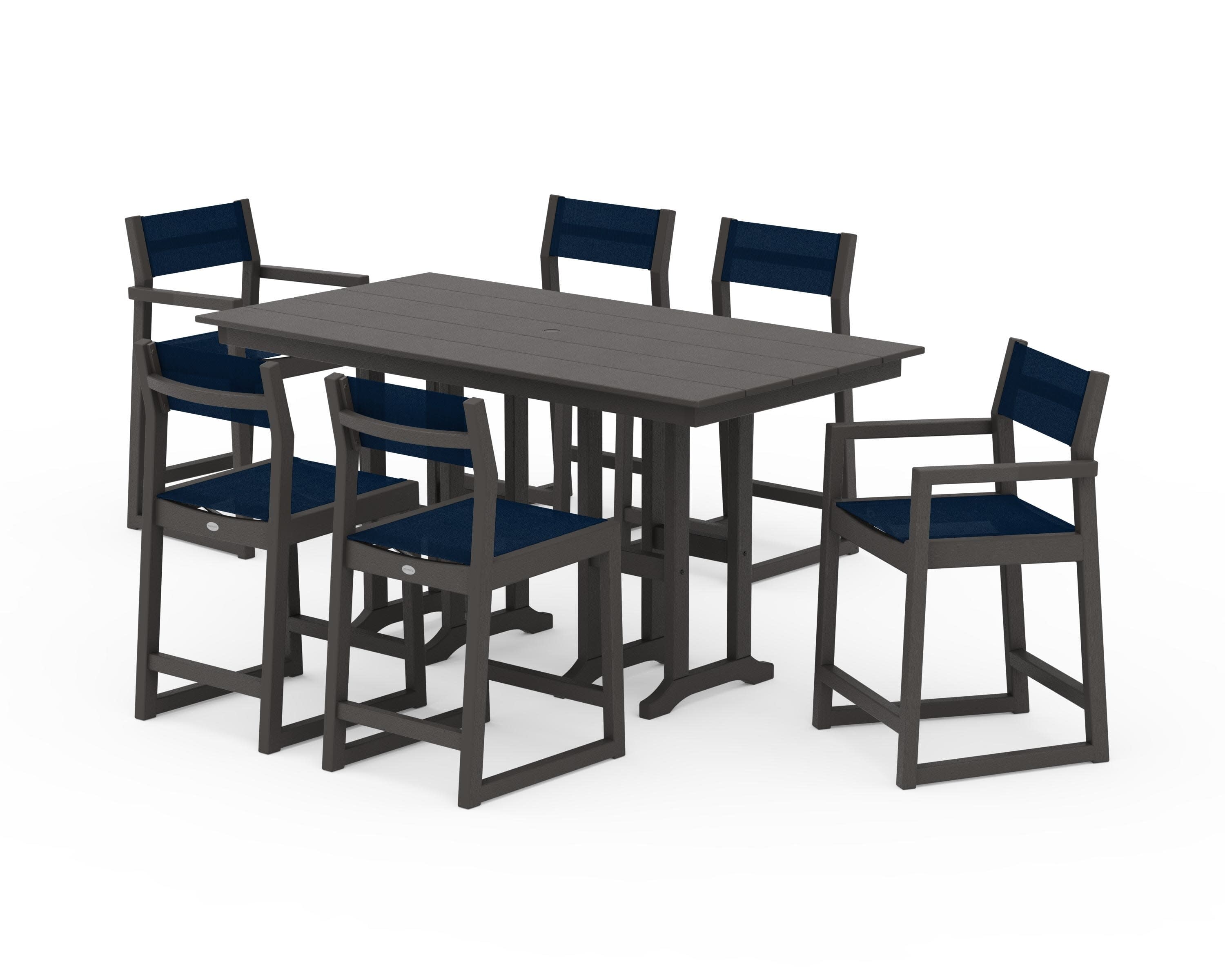 EDGE Sling 7-Piece Farmhouse Counter Set in Vintage Coffee / Navy Blue Sling